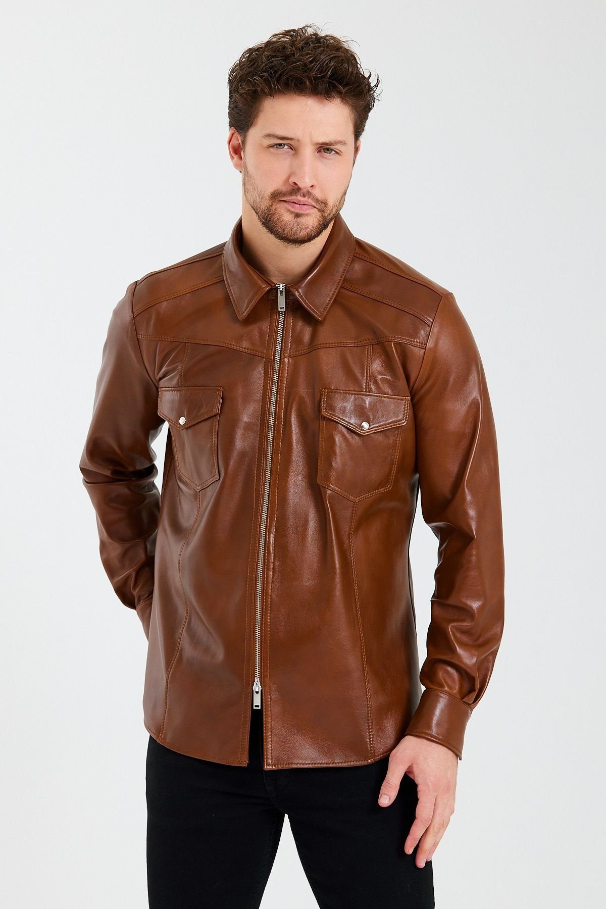 Ron Tomson Lederjacke mit praktischem Zwei-Wege-Reißverschluss BROWN