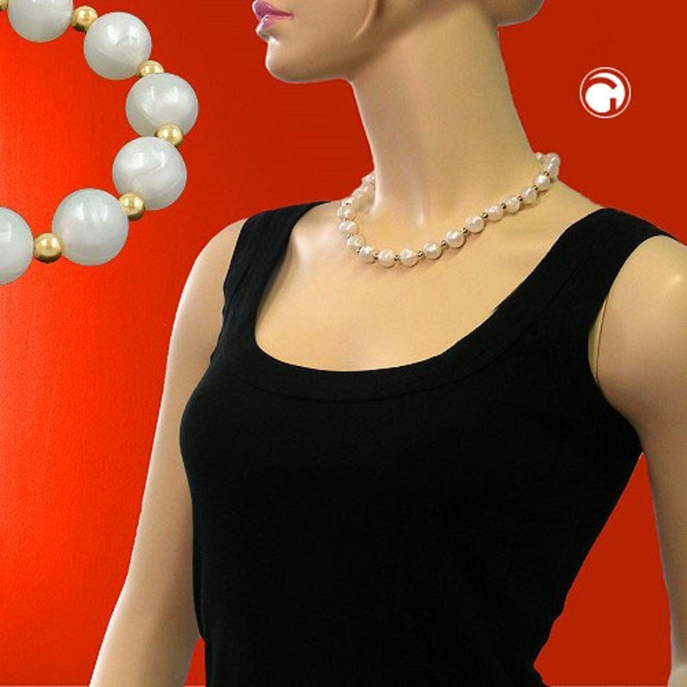 seidig-weiss Perlenkette Modeschmuck 42 Collier cm, Kunststoffperlen und Damen für unbespielt goldfarbene