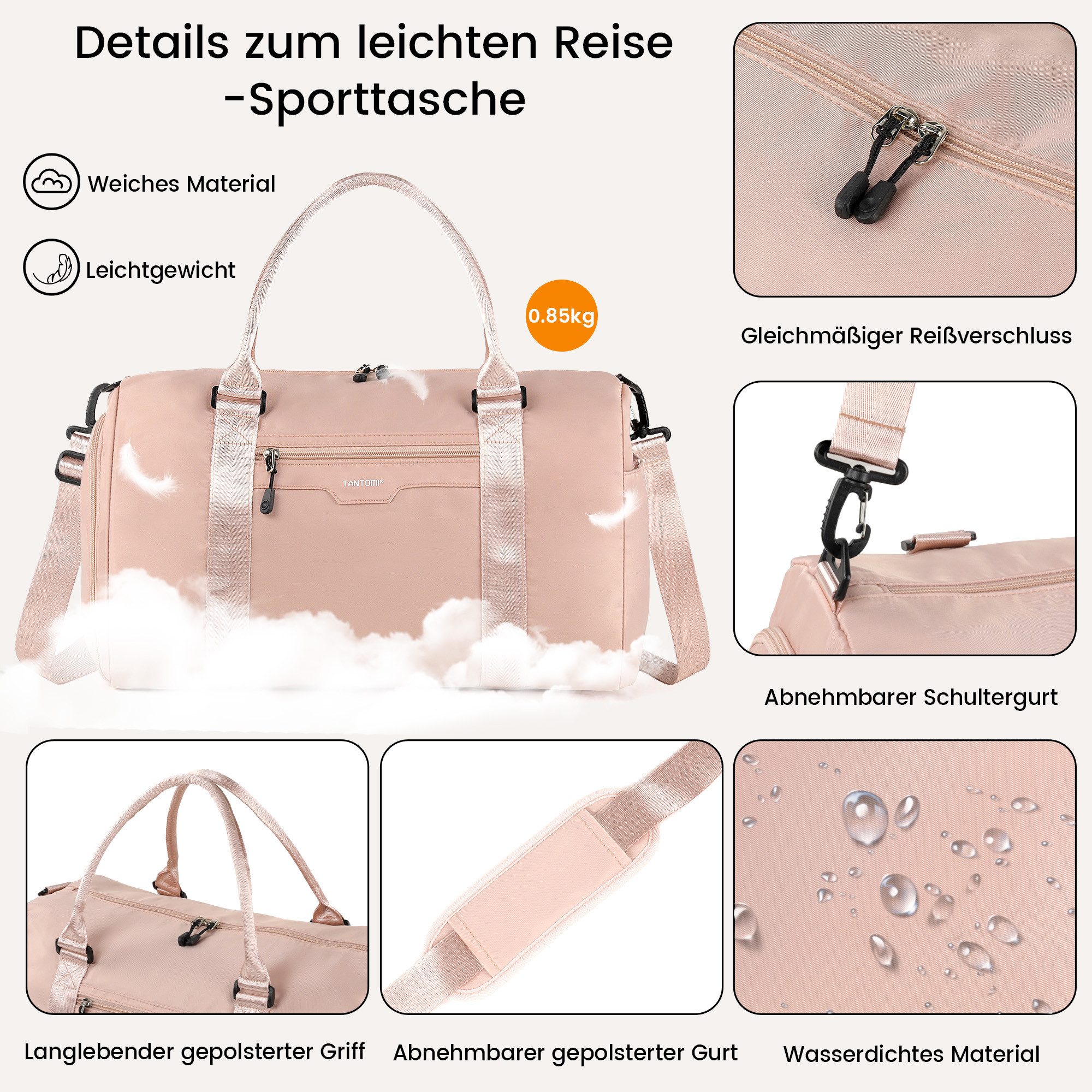 TANTOMI Reisetasche Reisetasche Damen Herren 44.5x20x28, Handgepäck Tasche Flugzeug, Sporttasche, Travel Bag mit Schuhfach und Kulturbeutel – Bild 4 von 5
