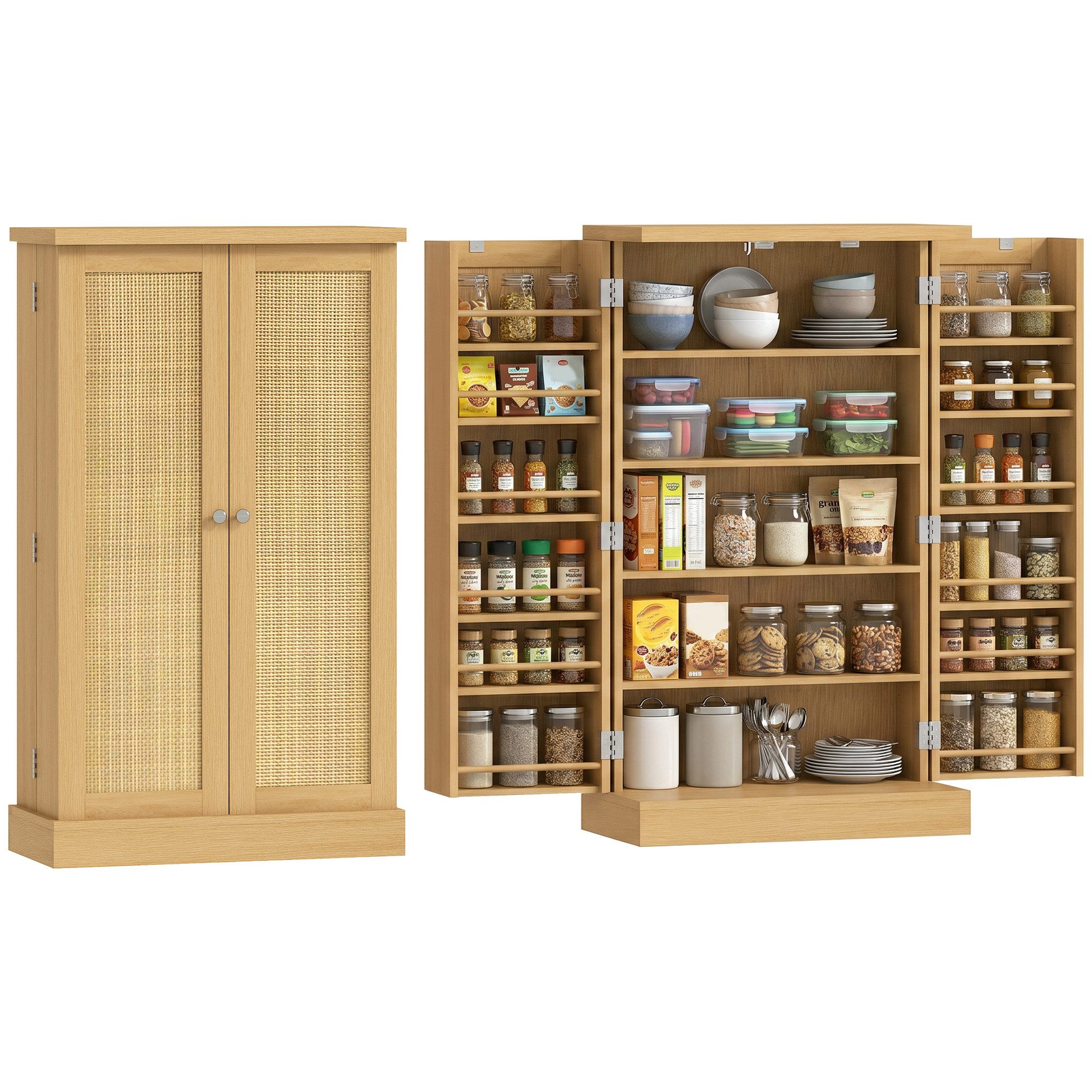 HOMCOM Hochschrank Vitrinenschrank mit Rattanoptik, 12 Gewürzfächern (Küchenschrank, 1-St., Küchenbuffet) für Wohnzimmer, Küche 60 x 30 x 104 cm