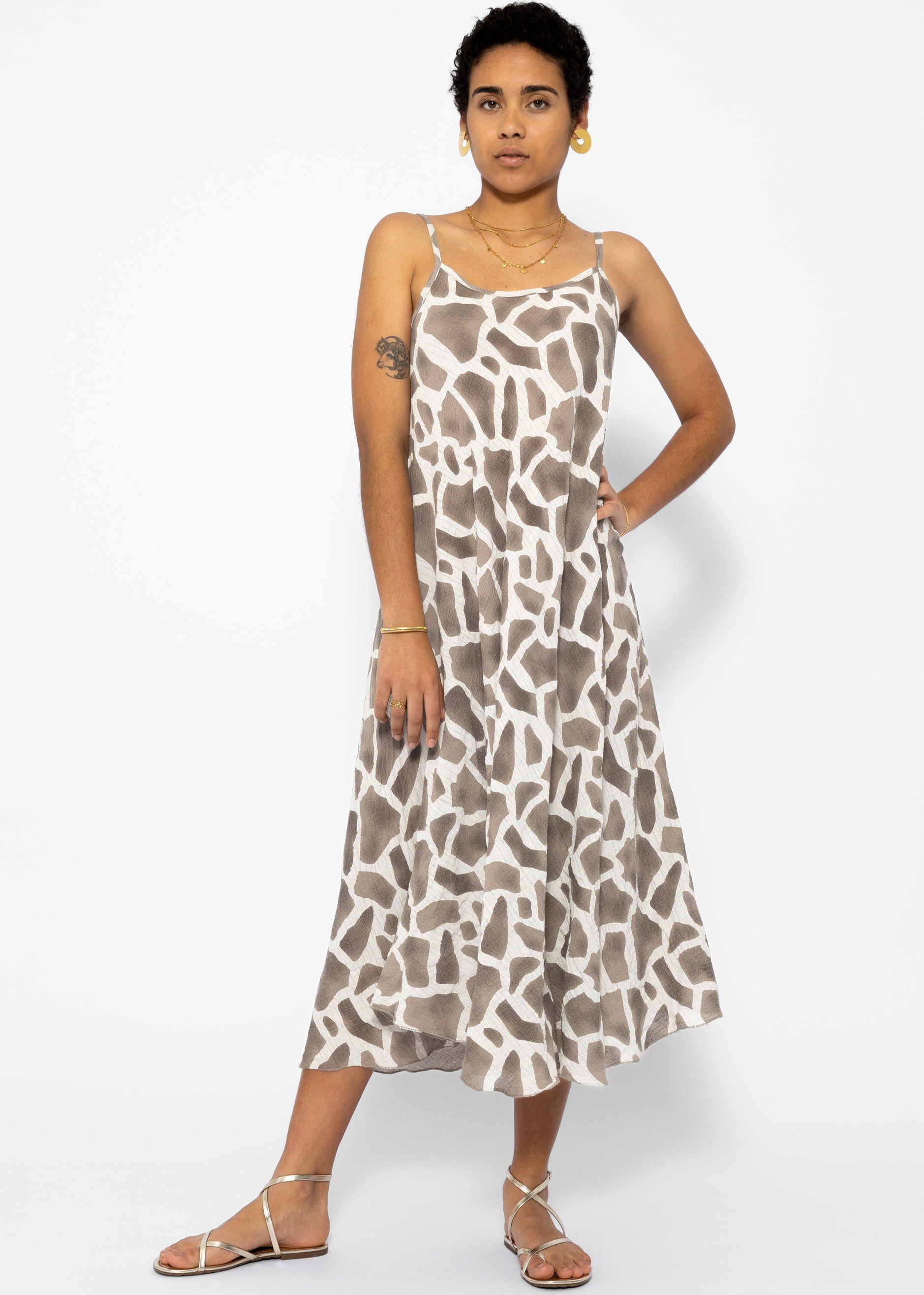 SASSYCLASSY Strandkleid Musselin Kleid mit Animal-Print Maxikleid aus Baumwolle mit V-Ausschnitt und Spaghettiträger
