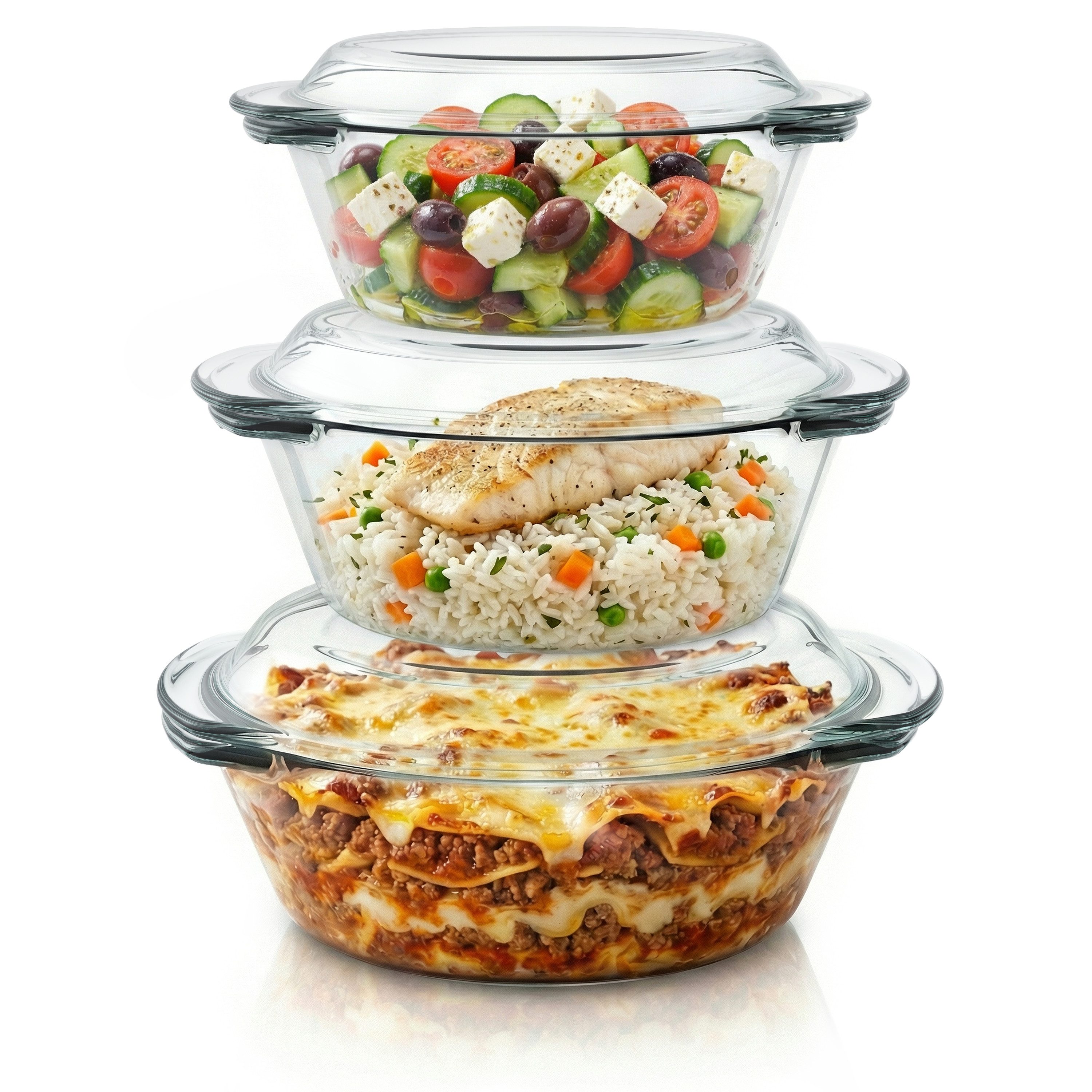 Arendo Auflaufform 3 Größen 1000ml, 1500ml & 2000ml mit Deckel, Griffen & Stapelfunktion, Glas, (3-St), Glasbehälter, Borosilikatglas, Ofenfest, mikrowellengeeignet, BPA-frei