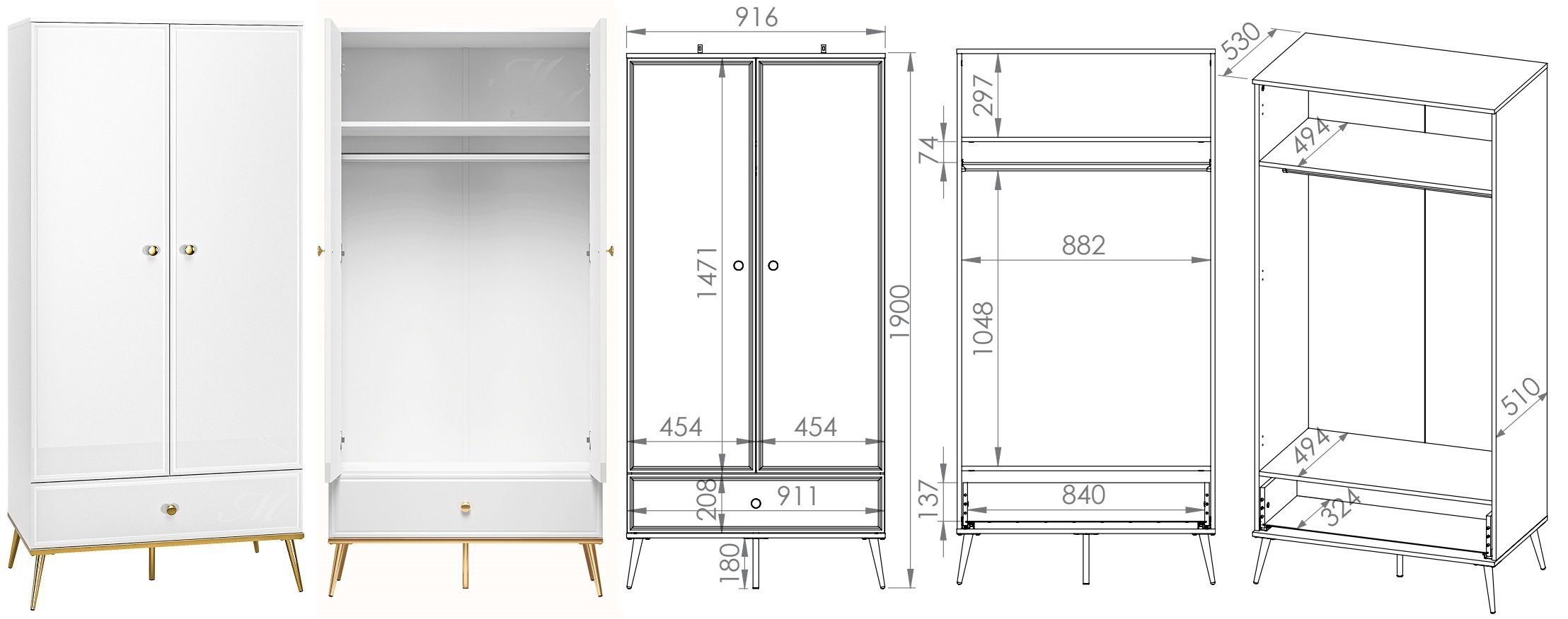 Marmex Möbel Kleiderschrank mit Schublade GOLDIN 01