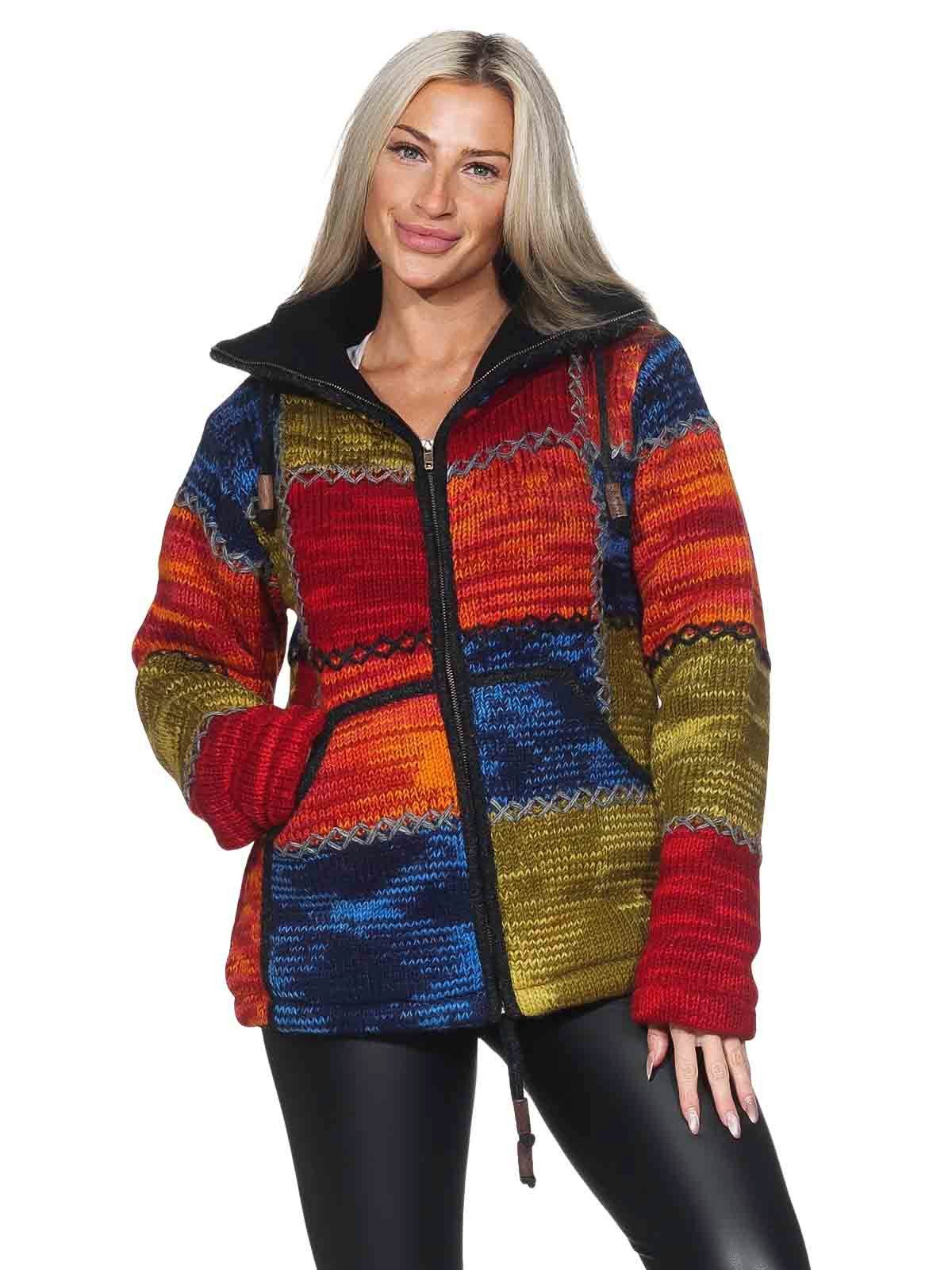 KUNST UND MAGIE Strickjacke Damen Strickjacke Wolle Bunte Patchwork Jacke+Fleecefutter&Hochkragen