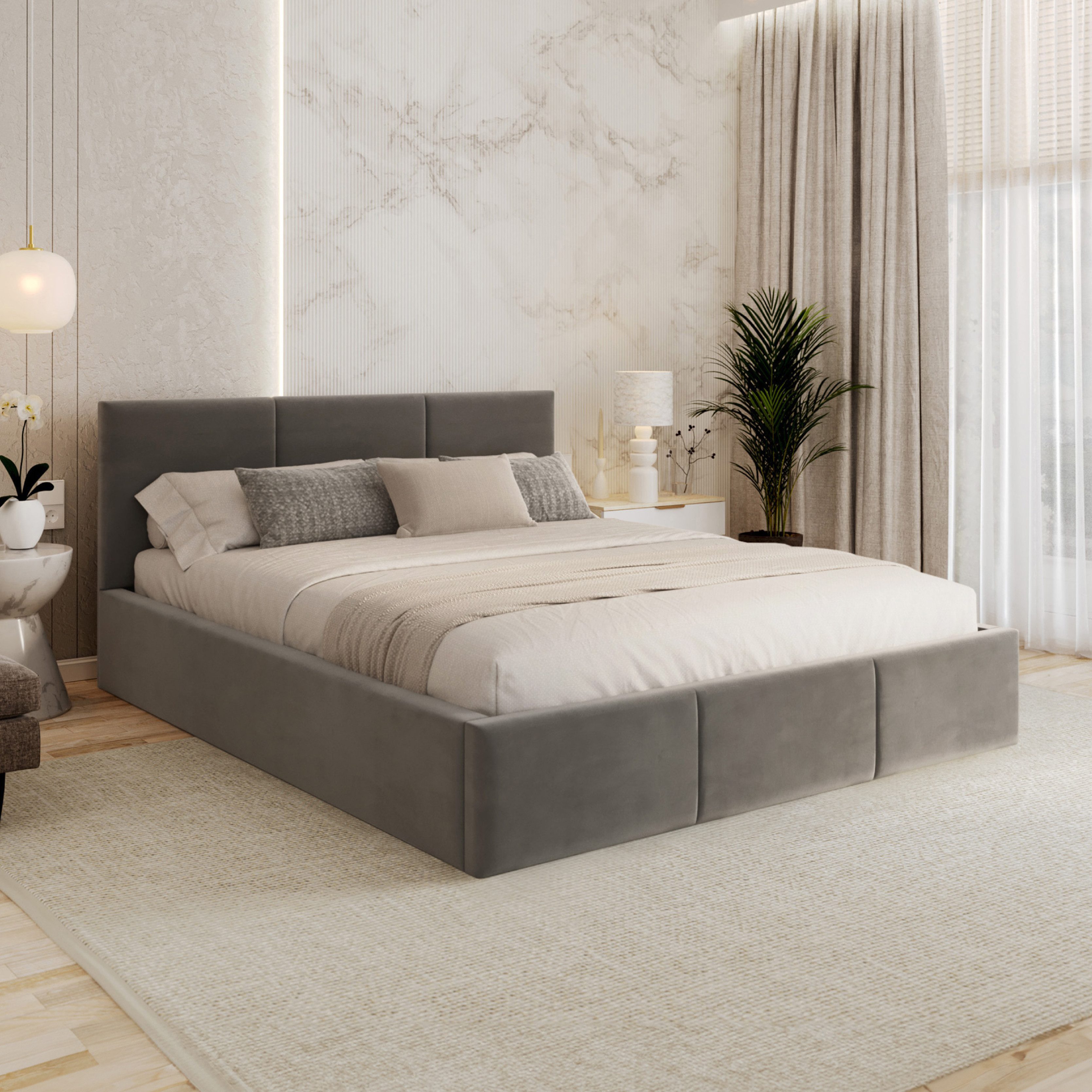 FDM Polsterbett AMBER modern mit Bettkasten MADE IN EU - mit Trinity Velours Bezug (verfügbar 90x200 120x200 140x200 160x200 180x200cm, Bettrahmen, Bett, mit großen gepolsterten Kopfteil, mit Bettkasten zum aufklappen), Hebbarer Metallrahmen, Bettkasten, mit/ohne Matratze