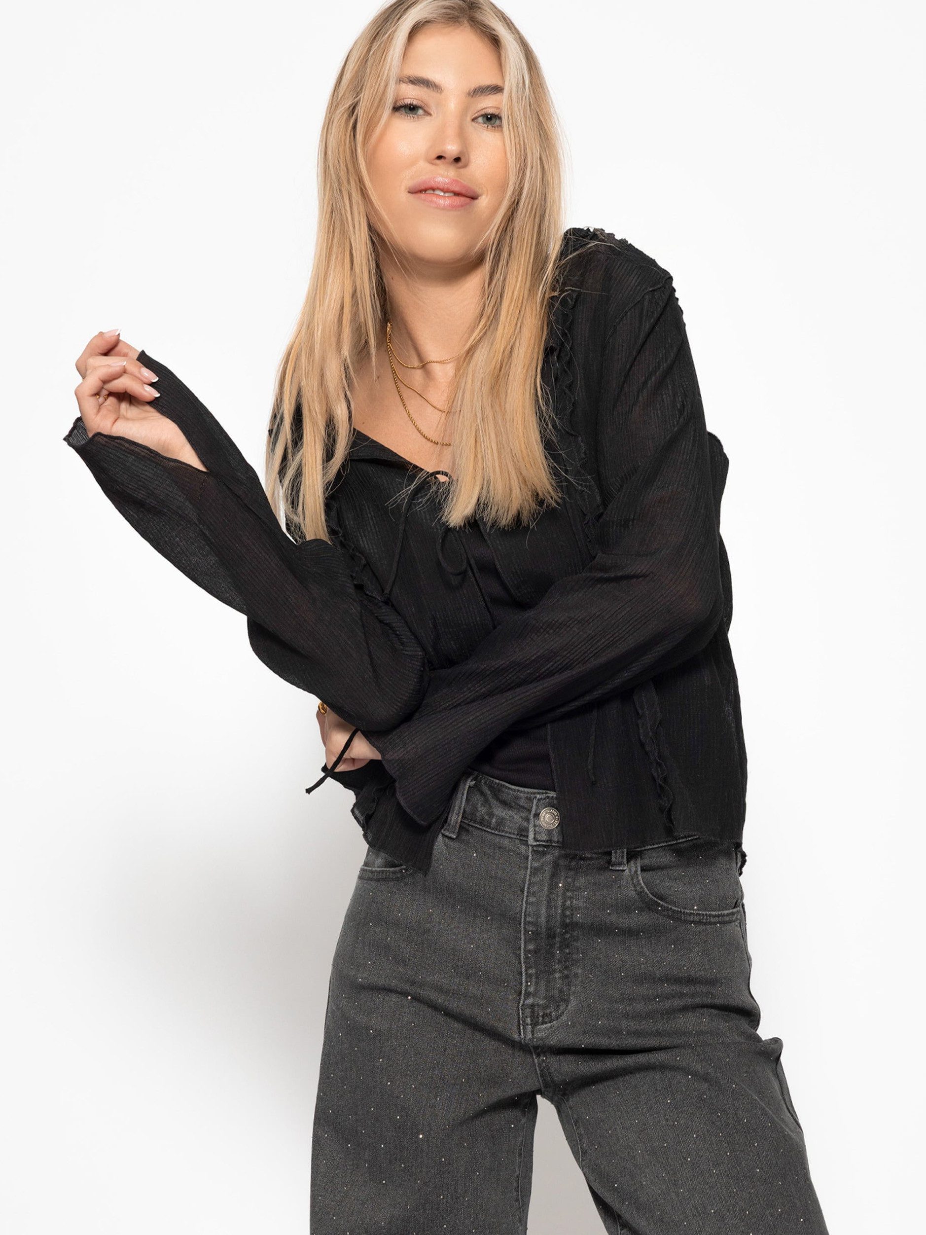 SASSYCLASSY Langarmbluse Feminine Bluse Damen mit Rüschen und Schleifen Luftige Damenbluse langarm aus Baumwolle zum Binden Beige Rosa Schwarz – Bild 5 von 5