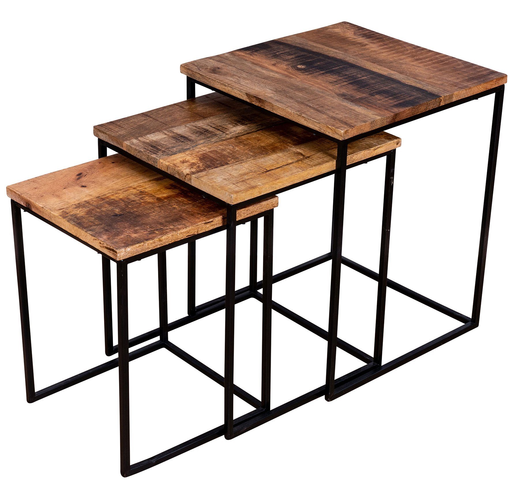 Levandeo® Couchtisch, 3er Set Beistelltisch Mango Natur Eisen Schwarz Design Holz Variante 2