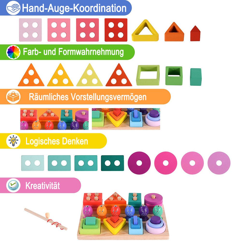 Flintry Lernspielzeug Montessori-Spielzeug ab 3 Jahr – Holzspielzeug & Stapelspielzeug, 3-in-1 Farben- und Formensortierer sowie Angelspiel, Kinderspielzeug – Bild 4 von 4