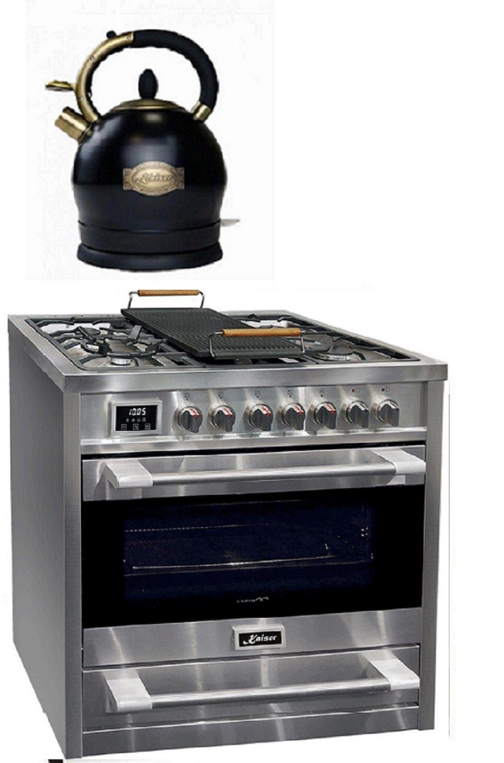 Kaiser Küchengeräte Gas-Standherd Gas Elektro Standherd 90 cm/ 8 Funktionen+ Retro Wasserkocher HGE93505R+WK 2000 Em, mit 1-fach-Teleskopauszug, Gas Elektro Standherd 90 cm/ 8 Funktionen+ Retro Wasserkocher