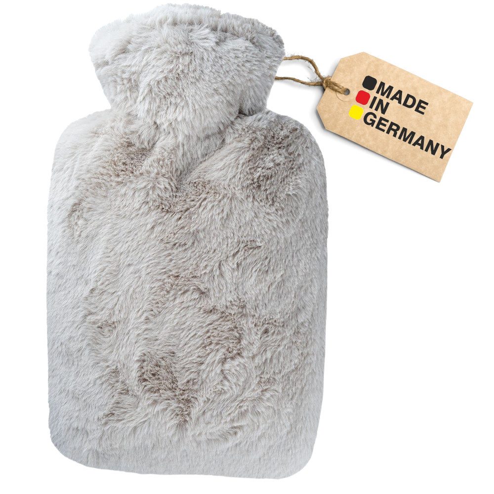 Hugo Frosch Wärmflasche Klassik 1,8 l Made in Germany mit Bezug Langhaar-Flausch, Taupe - langlebige Bettflasche, waschbarer Überzug