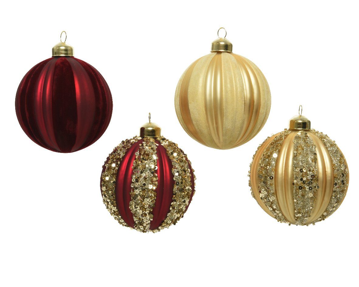 Decoris season rot mit Glas Set decorations Streifen Weihnachtskugeln Pailletten gold, 8cm Weihnachtsbaumkugel, / 12er