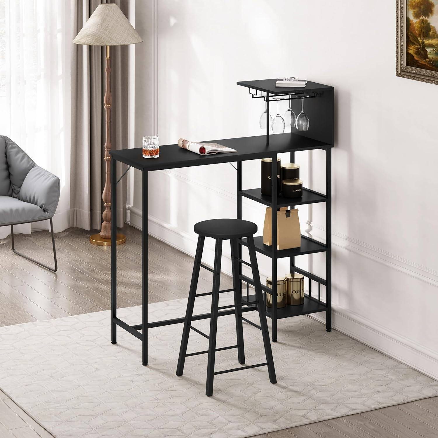 Woltu Bartisch (1 Tisch mit 2 Hocker), mit 3 Ablagen Weinregal Glashalter