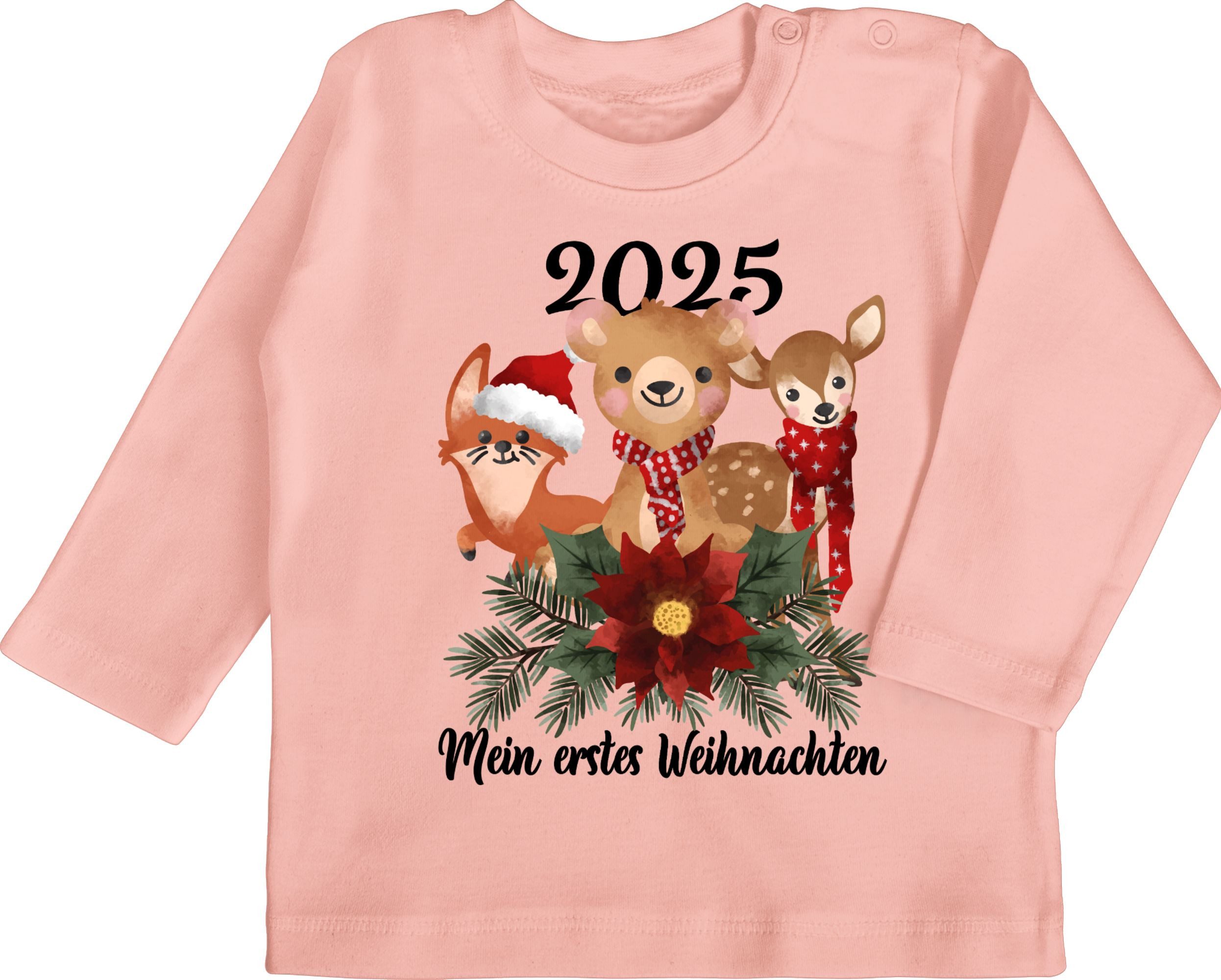 Shirtracer T-Shirt 2025 Mein erstes Weihnachten mit süßen Tieren - schwarz Weihnachten Kleidung Baby