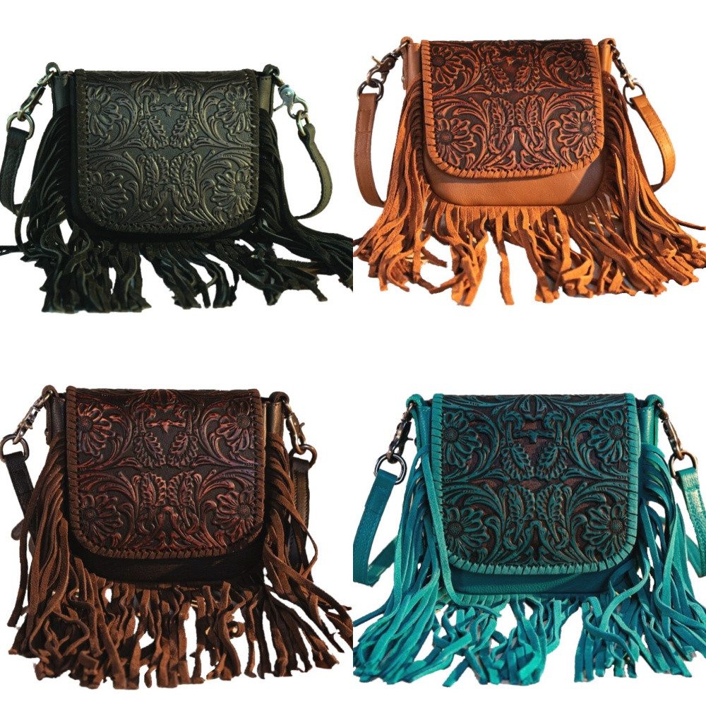 Handtasche Carmelita Schultertasche Westerntasche Fransen Leder Prägung