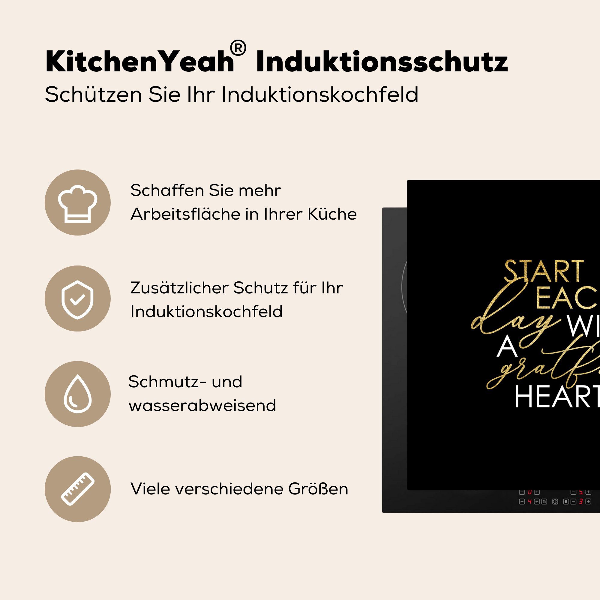 MuchoWow Herdblende-/Abdeckplatte Zitat - Herz cm, für Vinyl, Schwarz, 78x78 (1 Ceranfeldabdeckung, Gold - küche - tlg), Arbeitsplatte