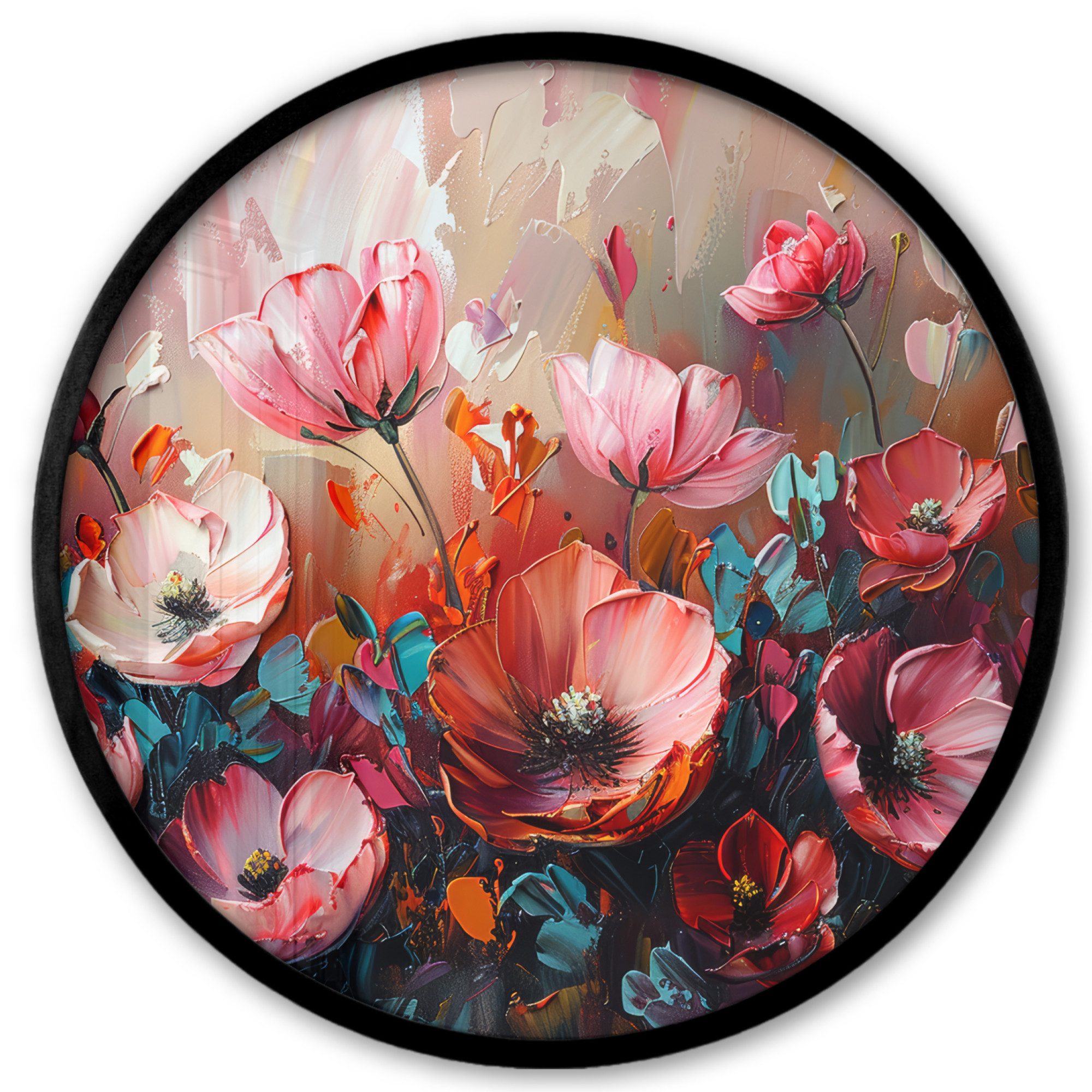 MuchoWow Poster Rund - Mohnblumen - Rosa - Blumen - Botanisch - Kunst, (1 St), Runde Wandbilder, Deko für Wohnzimmer und Schlafzimmer, 40x40 cm