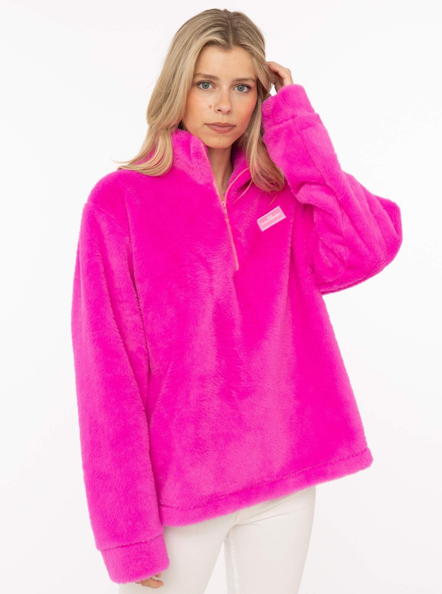 Zwillingsherz Troyer "ZH" Fake Fur Optik, Stehkragen mit pinkem Reißverschluss und Patch