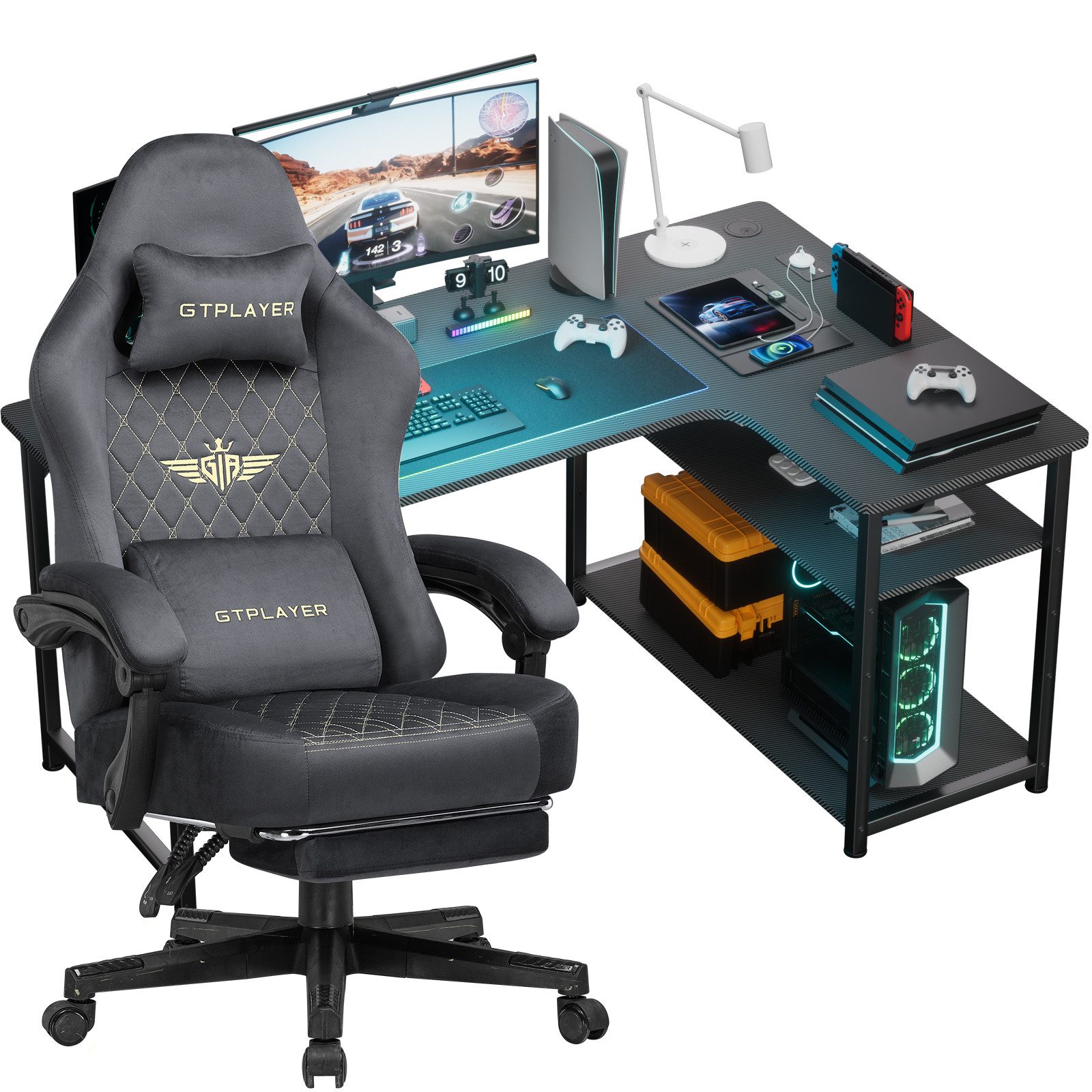 GTPLAYER Gamingtisch Gaming Tisch + Gaming Stuhl- Set, Computertisch Stuhl Set für Gaming, Multifunktionale Tische und Stühle