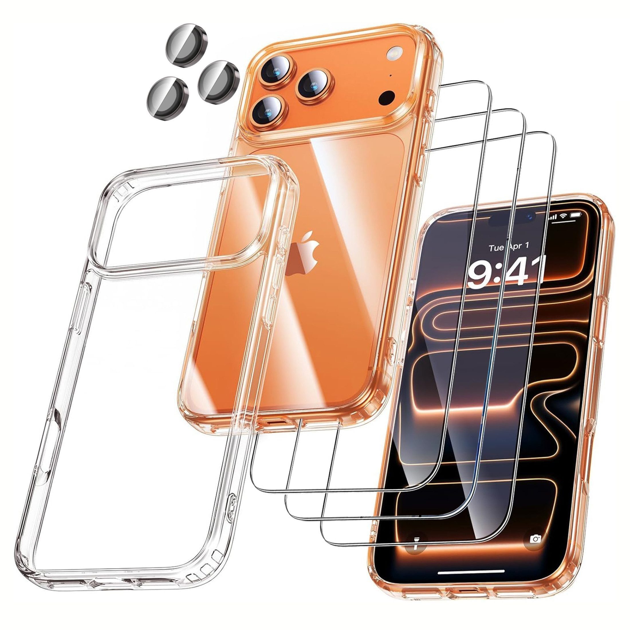 Fyrove Sichtschutzfolie Schutzset iPhone 17 Pro, 9H Folie, Kameraschutzglas & TPU‑Hülle, (aus 3× 9H gehärteten Displayschutzfolien, 3× Kamera-Schutzgläsern und einer transparenten TPU-Schutzhülle. Ein Kauf genügt, um Ihr Smartphone umfassend vor Kratzern, Stößen, Fingerabdrücken und täglichen Gebrauchsspuren zu schützen., iPhone 17 Pro Hülle mit Panzerglas)