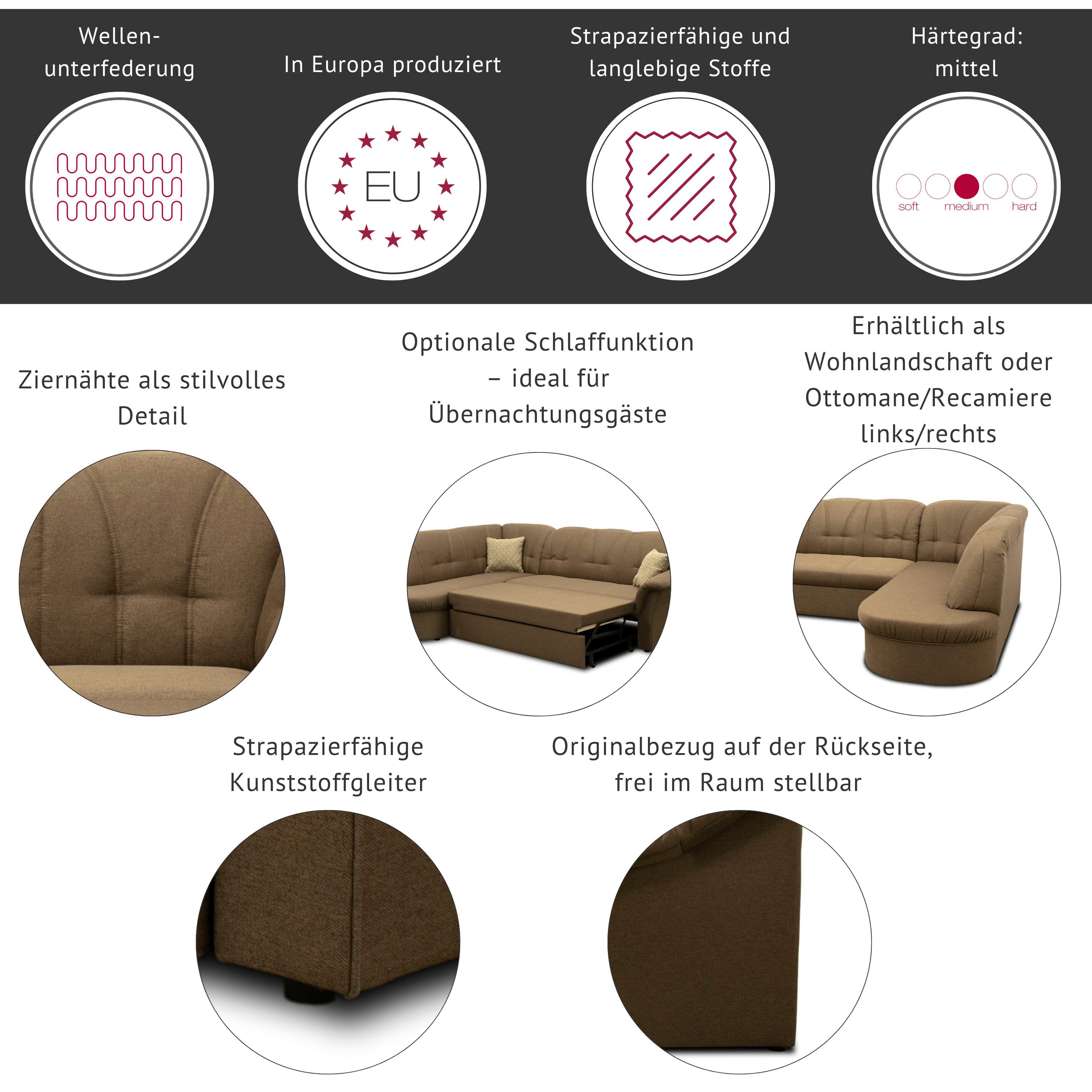 DOMO collection Ecksofa Pegnitz, elegante Rückensteppung, kompakte Stellmaße 238/141cm, L-Form, wahlweise mit Bettfunktion
