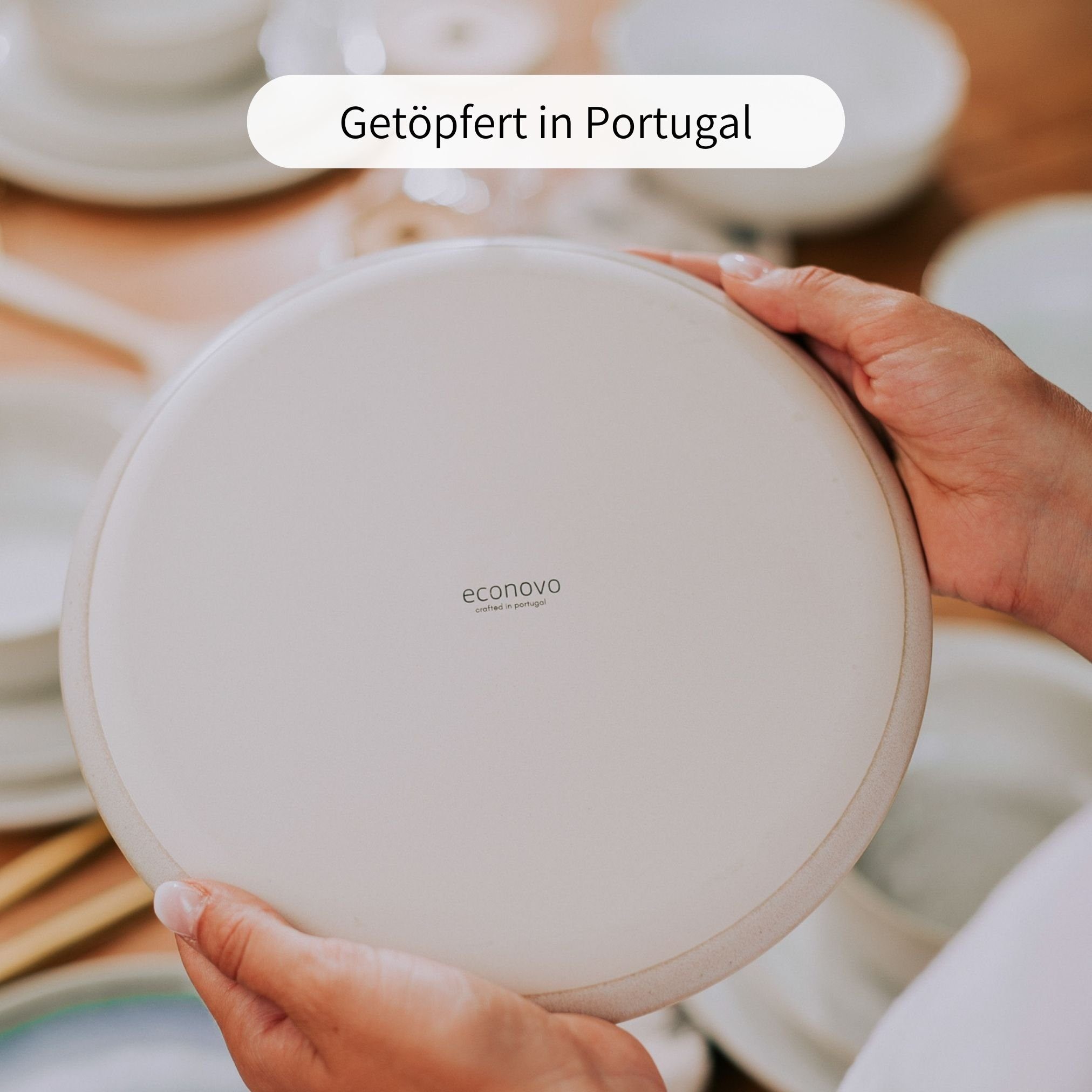 Econovo Geschirr-Set Handgefertigt (4-tlg), Weiß-Grau Keramik in Steingut, Portugal Made Küchengeschirr aus