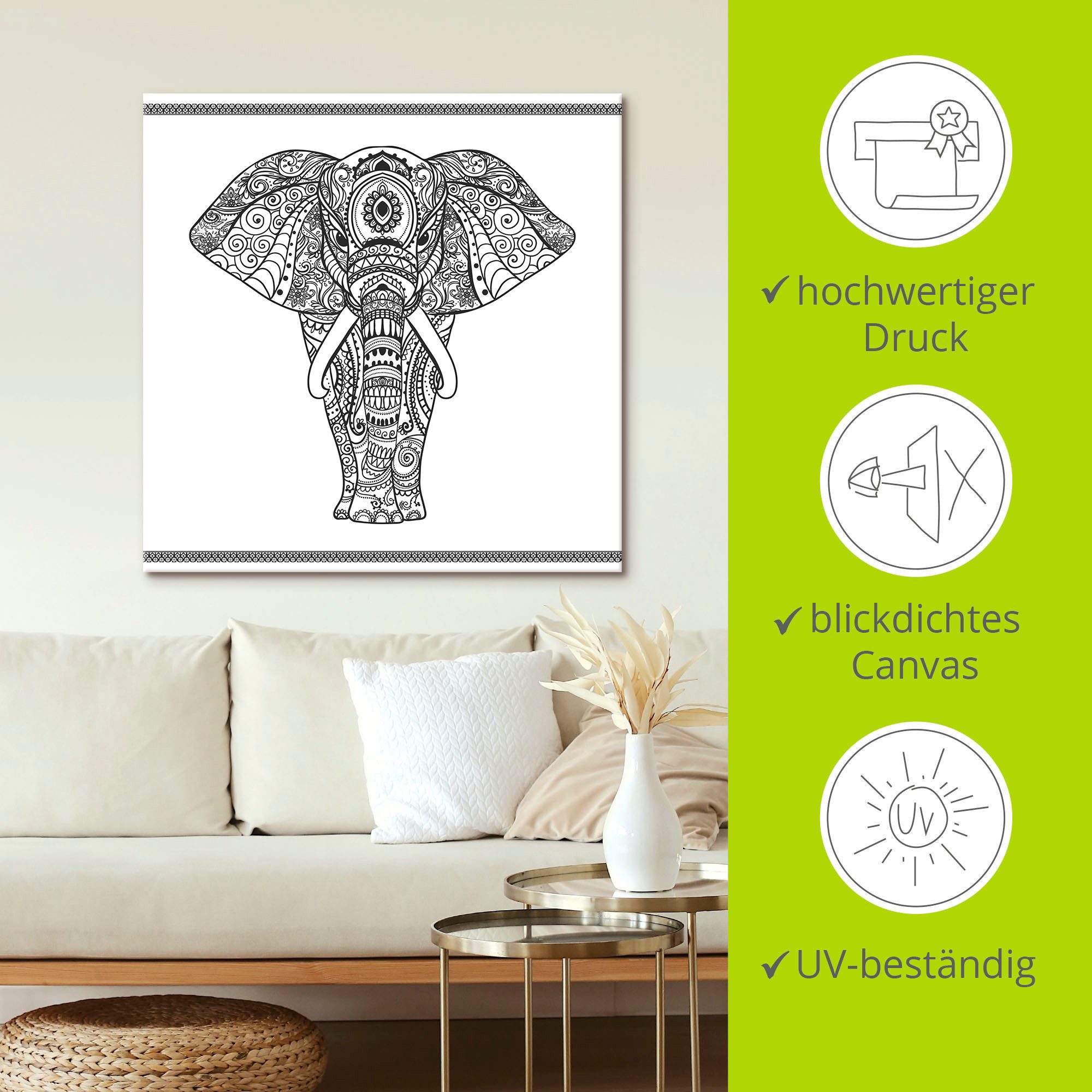 Artland Leinwandbild Elefant in Mandala, Wildtiere (1 St), auf Holzrahmen gespannt