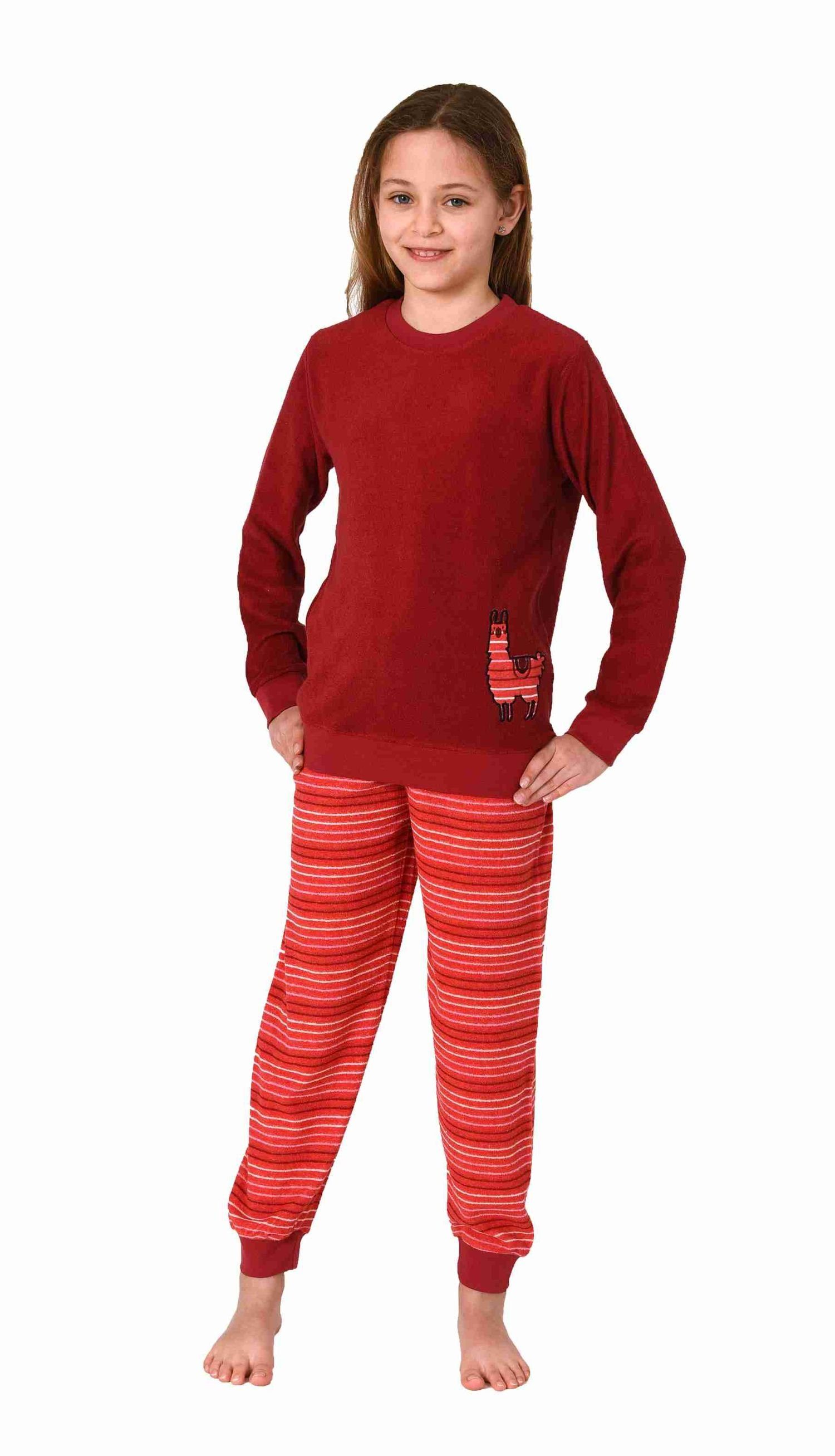 Normann Pyjama Mädchen Frottee Schlafanzug langarm mit Bündchen und süssen Tiermotiv