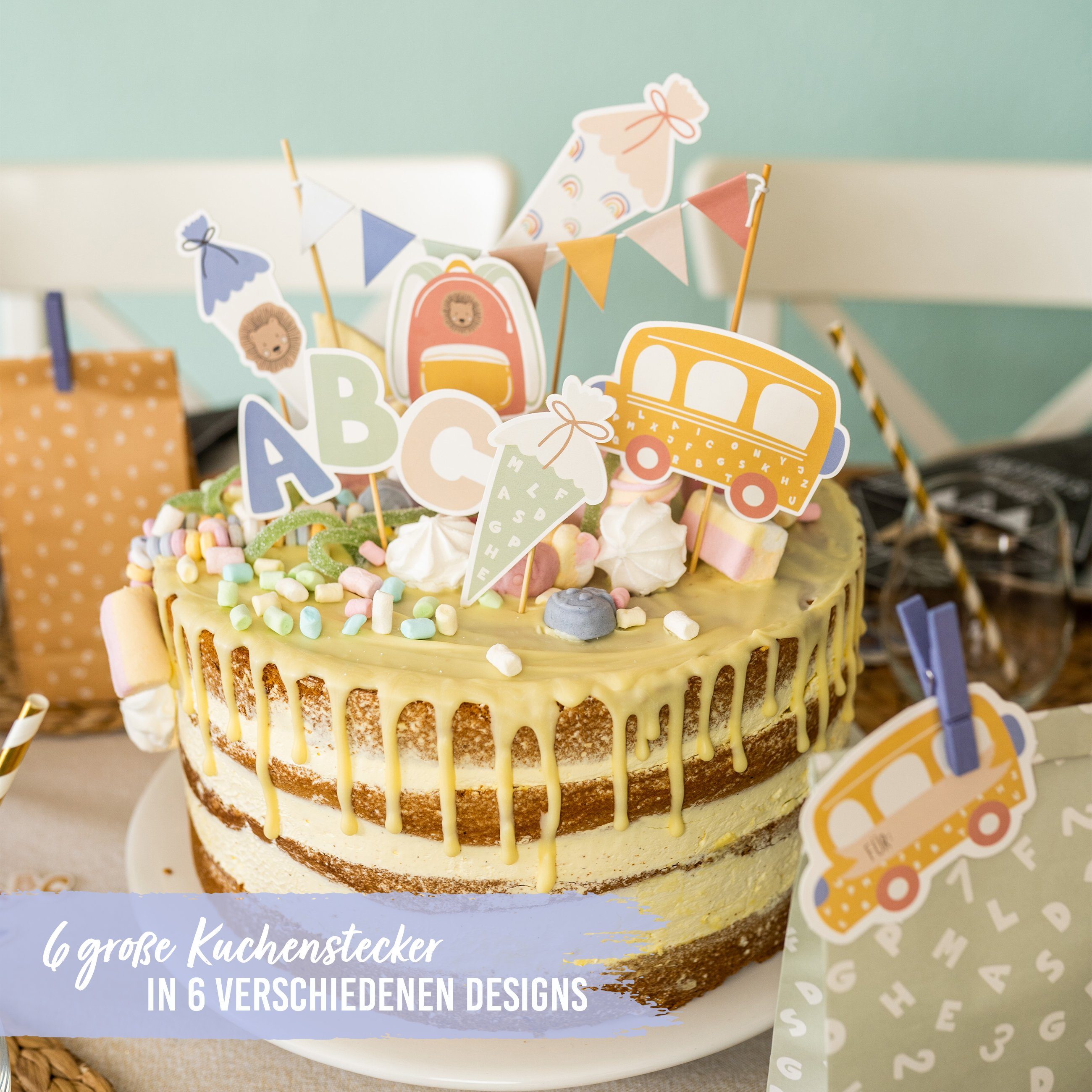 PAPIERDRACHEN Tortenstecker Kuchenstecker zur Einschulung - in verschiedenen Designs, Einschulung - Erste Klasse - Einschulungsparty – Bild 3 von 5