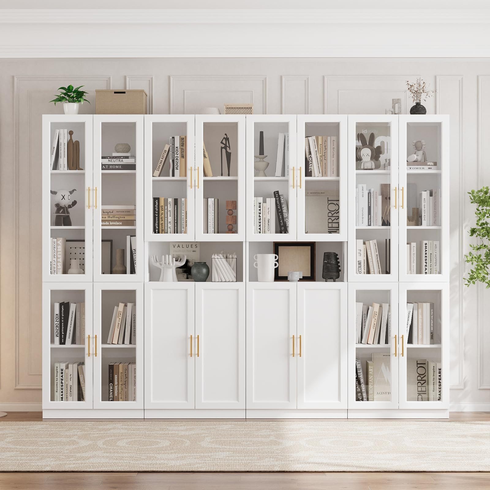 VOWNER Bücherregal mit Glastüren, modernes Großes Aufbewahrungsvitrinen-Set, 4-tlg., Bücherschrank mit Verstellbarem Regalboden, 180cm