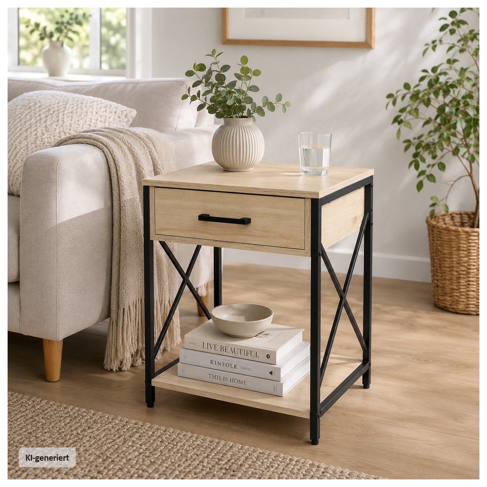 HTI-Living Beistelltisch Cedrik mit Schublade Artisaneiche-Schwarz (Stück, 1-St., 1 Beistelltisch)