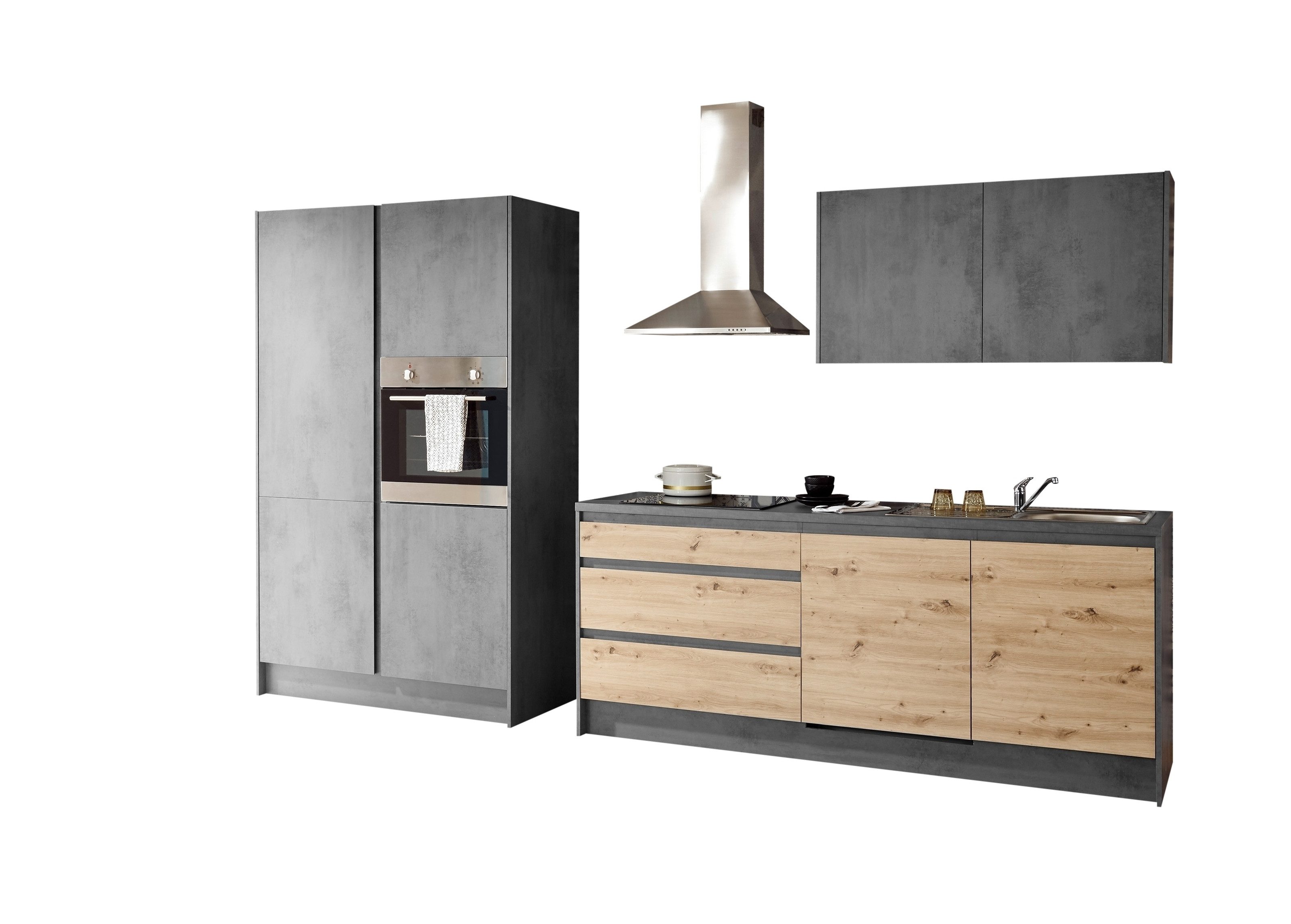 PREISBRECHER Кухниzeile Troja, in Chromix Anthrazit / Artisan Eiche - 335x90x60cm (BxHxT)