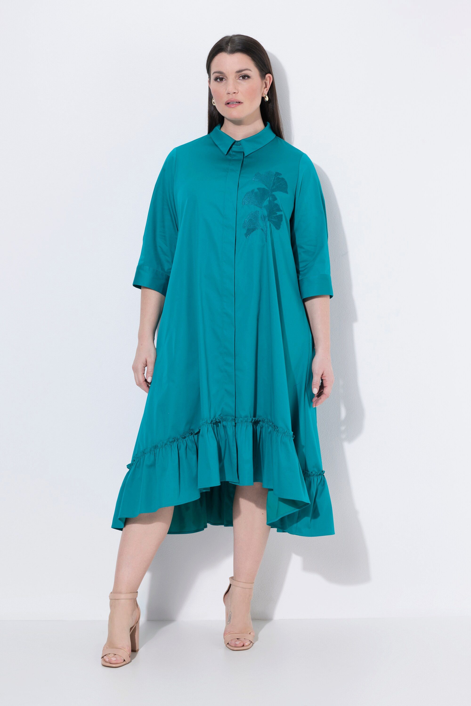 Ulla Popken Maxikleid Maxikleid Ginkgo-Stickerei Hemdkragen 3/4-Arm