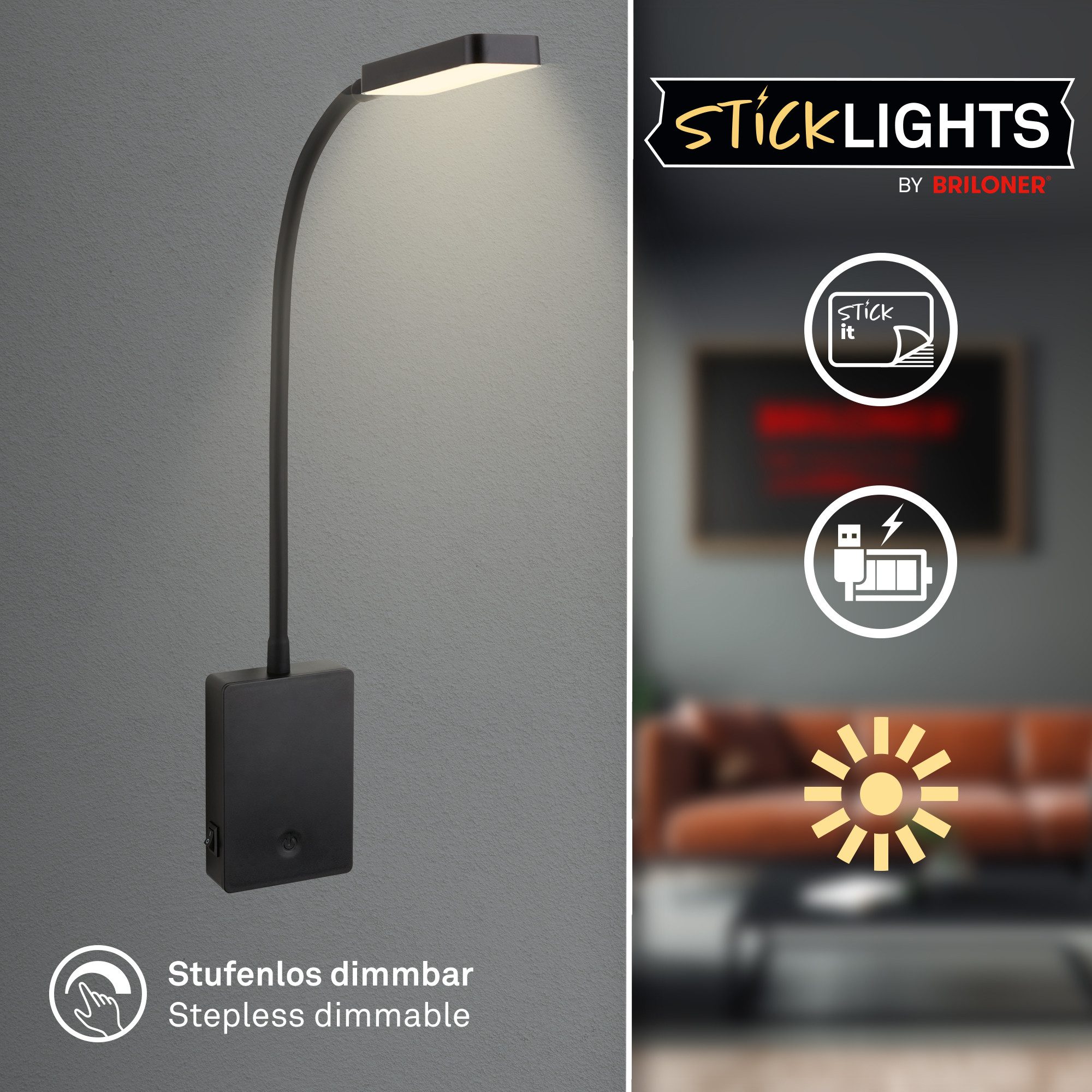 Briloner Leuchten Wandleuchte LED Akku Nachttischlampe zum Kleben Touch USB-C dimmbar, LED fest integriert, Ohne Bohren Bettlampe 7,5x3x56 cm Beige Schwarz Weiß 2W Schlafzimmer
