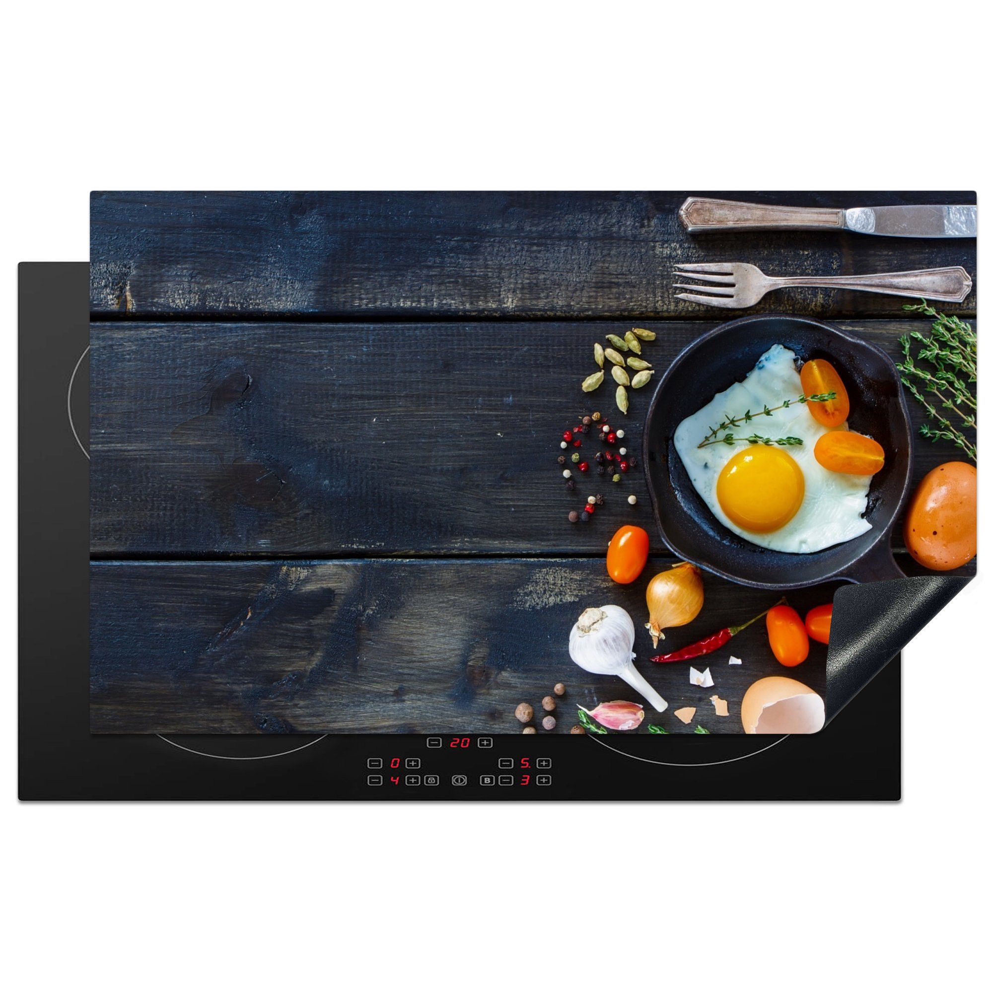 MuchoWow Herdblende-/Abdeckplatte Ei - Frühstück - Kochen, Vinyl, (1 tlg), 83x51 cm, Ceranfeldabdeckung, Arbeitsplatte für küche