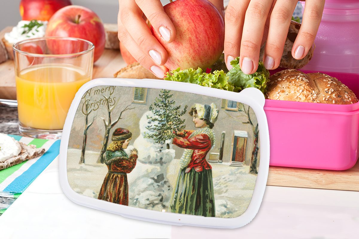 rosa Kunststoff Weihnachtskarte, (2-tlg), Weihnachten Schnee Mädchen, Brotdose Brotbox Erwachsene, Lunchbox Snackbox, - - für Kunststoff, Kinder, MuchoWow