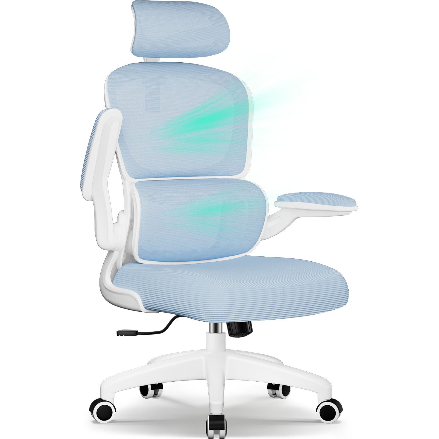 Fukstern Bürostuhl Ergonomischer Bürostuhl mit 90° klappbaren Armlehnen (Verstellbare Kopfstütze, atmungsaktiver Mesh-Bezug, Rücken- und Taillenstütze, Neigung fixierbar bei 90° (maximal kippbar bis 135), bis 150 kg belastbar