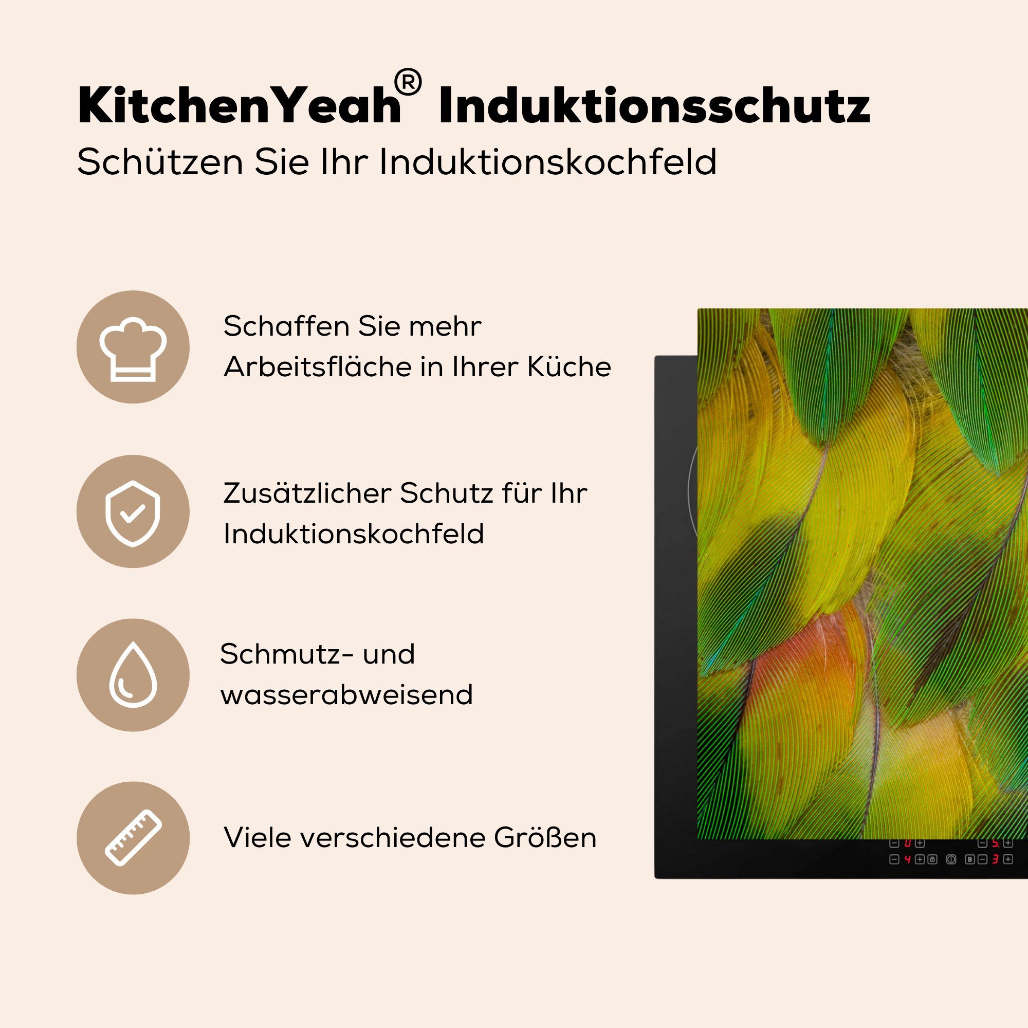 81x52 gelben Induktionskochfeld für MuchoWow Federn, Schutz die der Struktur Herdblende-/Abdeckplatte Vinyl, cm, tlg), küche, (1 Ceranfeldabdeckung