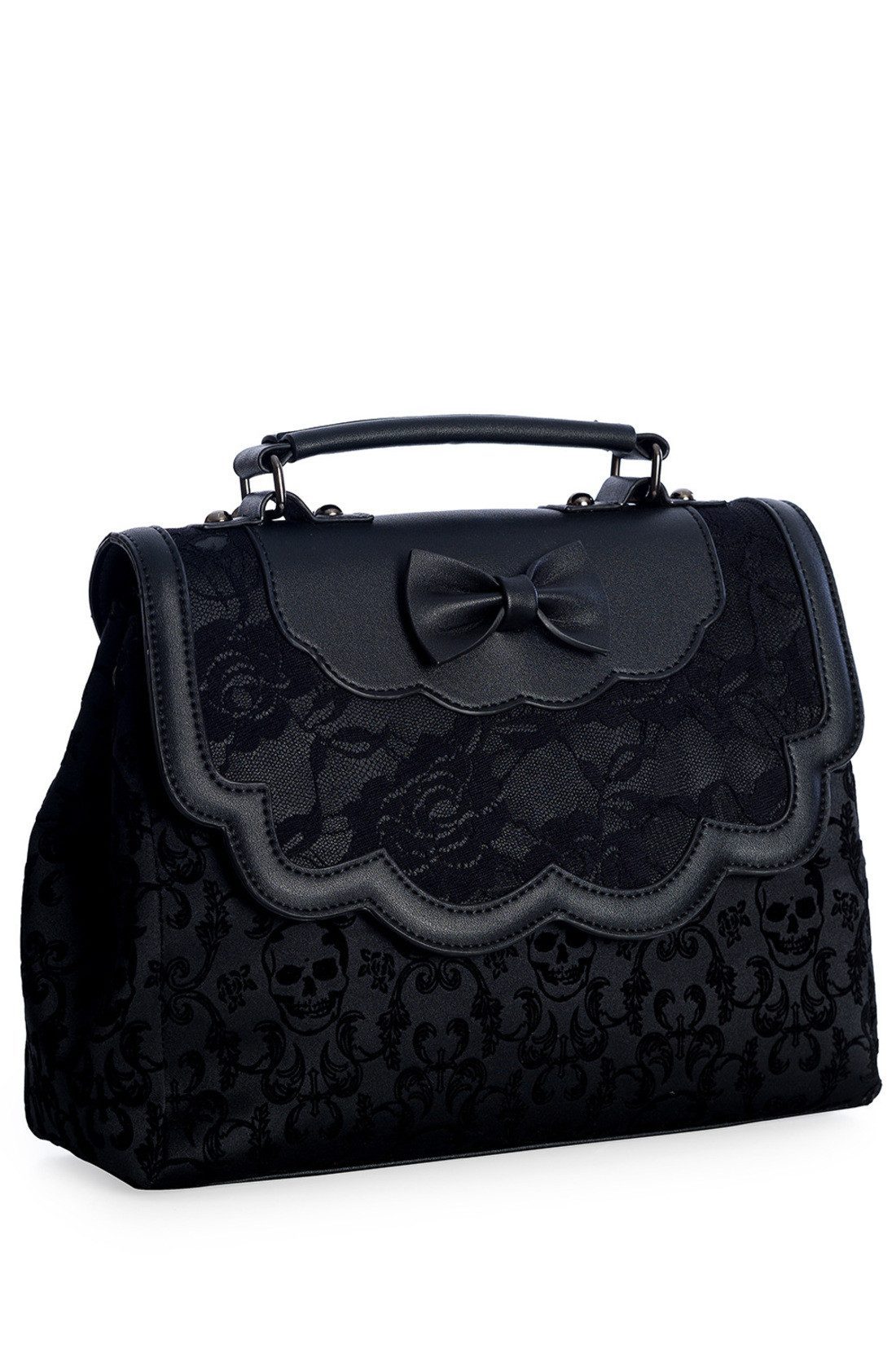 Banned Handtasche Scarlet Illusion, Damaskmuster Henkeltasche Schleife Totenkopf Motiv Gothic
