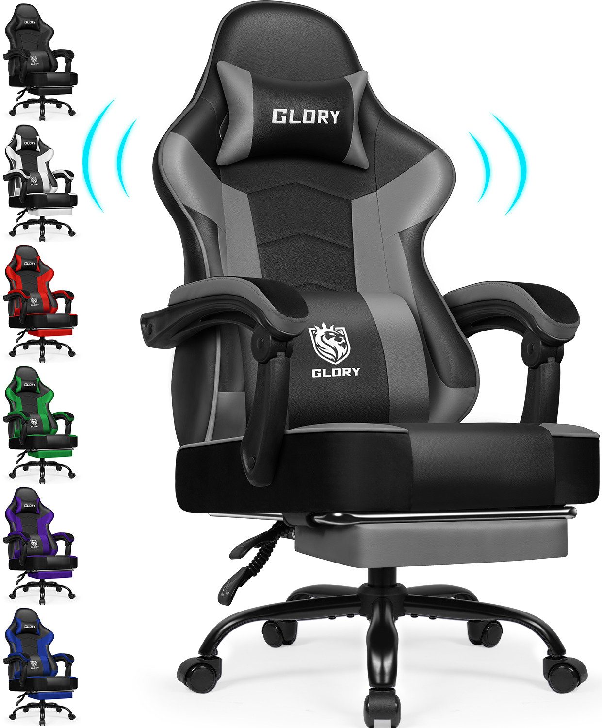 Hiazurm Gaming-Stuhl Gaming Stuhl, Bürostuhl Ergonomisch Wippfunktion bis zu 170° (Gaming Chair mit Fußstütze, 10 cm Höhenverstellung), Verstellbarem Lenden- & Kopfkissen, Gamer Stuhl 150kg Belastbarkeit
