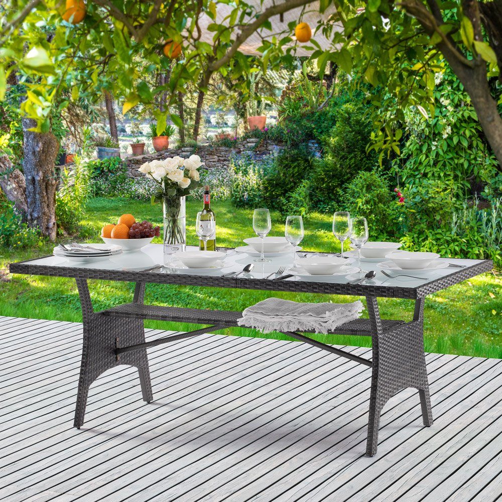 Gartentisch mit Polyrattan Casaria 190x90x74 cm Ablage Sicherheits (1-St), Glasplatte