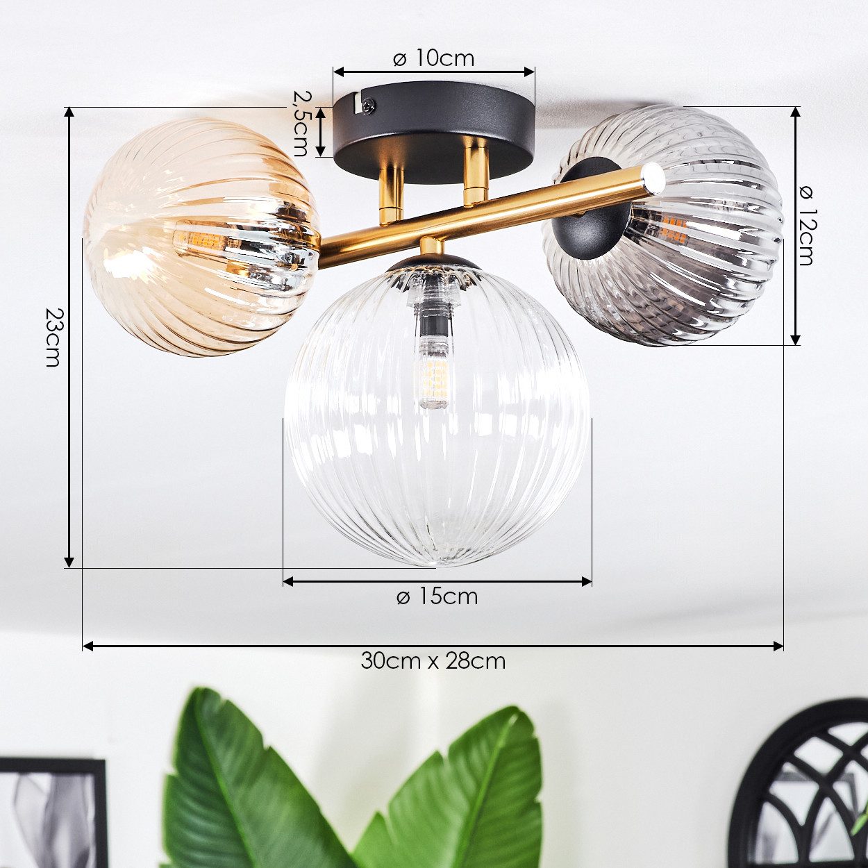 hofstein Deckenleuchte Deckenlampe aus Metall/Riffelglas in Schwarz/Gold/Rauch/Bernstein/Klar, ohne Leuchtmittel, Deckenleuchte im modernen Vintage-Design (Schirme Ø 12; 15 cm), 3 x G9