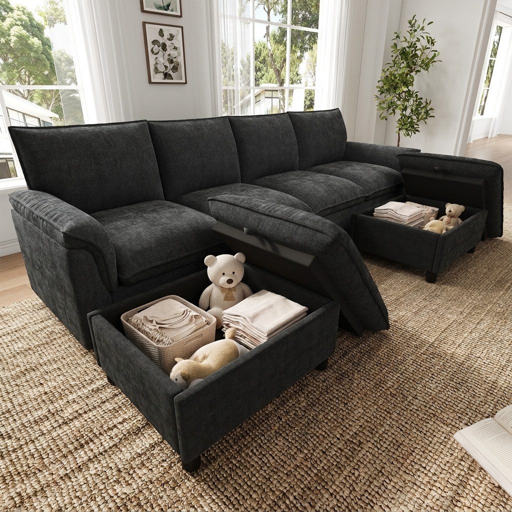 Flieks Ecksofa U-förmig 4-Sitzer Cloud-Sofa inkl. 2 Hocker mit Stauraum, B264,5/T142,5/H84 cm, modulares Schlafsofa mit Deep-Seat-Design Chenille Schwarz