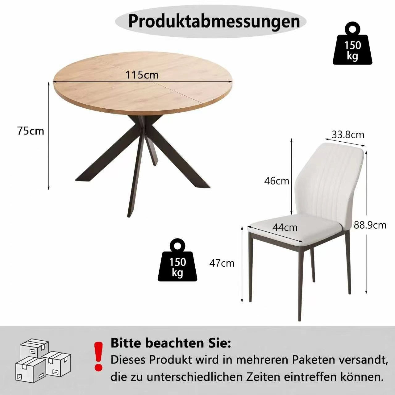 Jiexi Essgruppe Essgruppe Runder Tisch Ø 115cm Eiche Sternfuß & PU Kunstleder Stühle – Bild 3 von 5