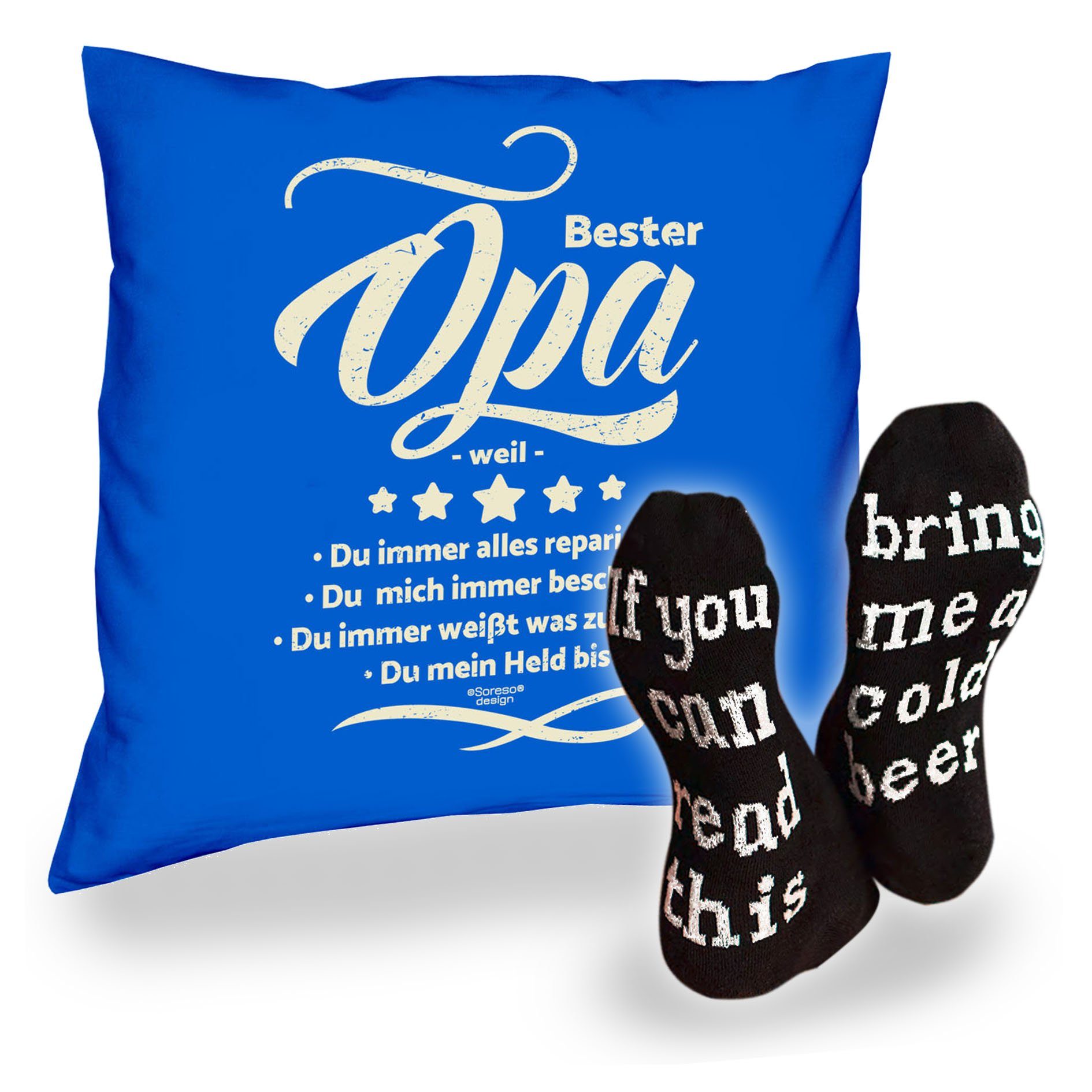 Soreso® Dekokissen Kissen mit Füllung, ein paar Socken für Opa Großvater, Geburtstagsgeschenke Opas Royal Blau