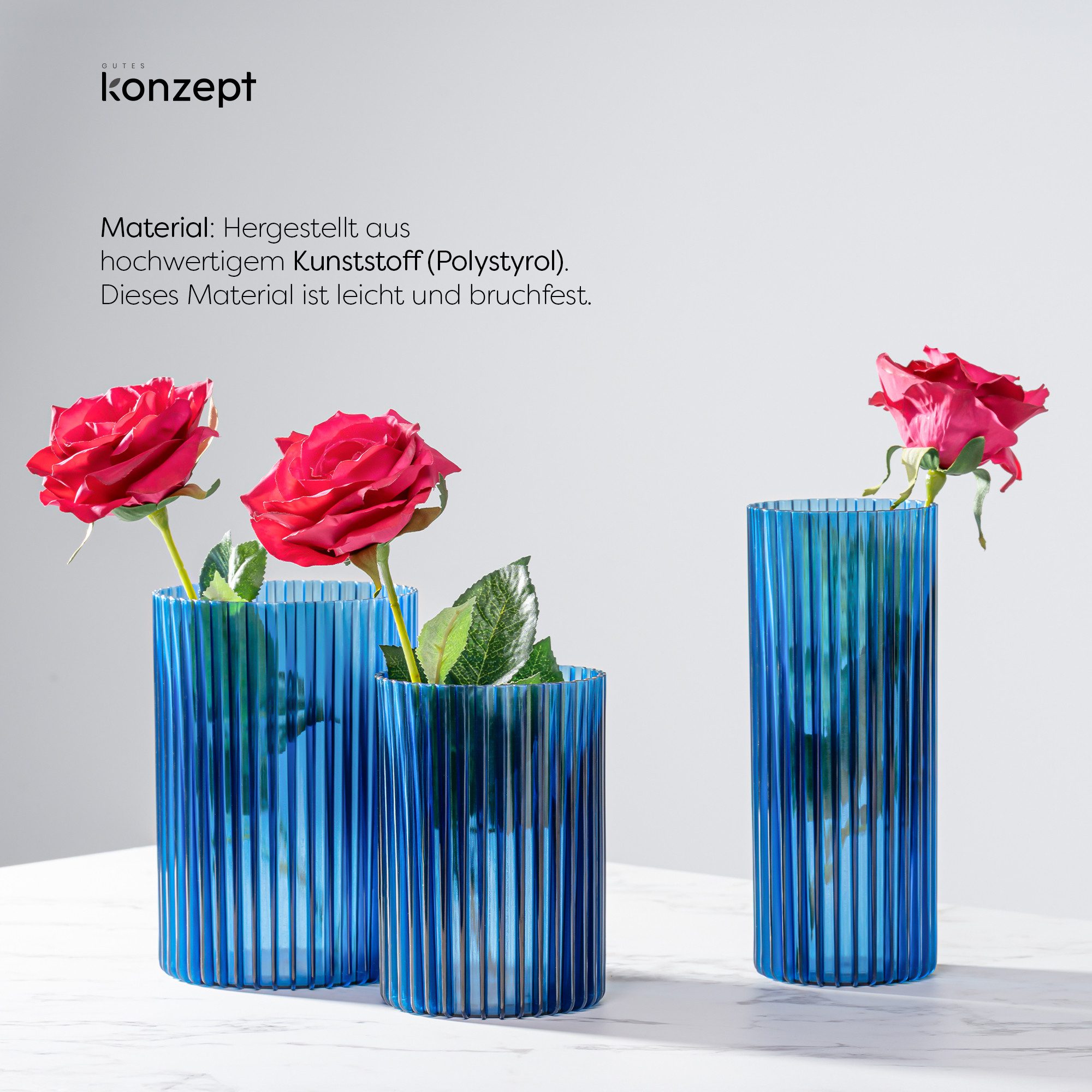 KONZEPT Dekovase 3er-Set aus Kunststoff (12,3x17,8/10,3x14,8/8,8x21,7 cm), Stapelbar. Geriffelte Optik. Leicht. UV-beständig – Bild 4 von 5
