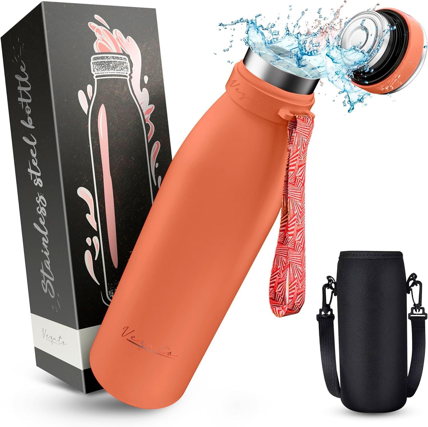 Vezato Isolierflasche Trinkflasche Edelstahl - BPA-freie Thermo Trinkflasche 500-1000ml, mit Tragegurt - auslaufsichere Thermosflasche spülmaschinenfest