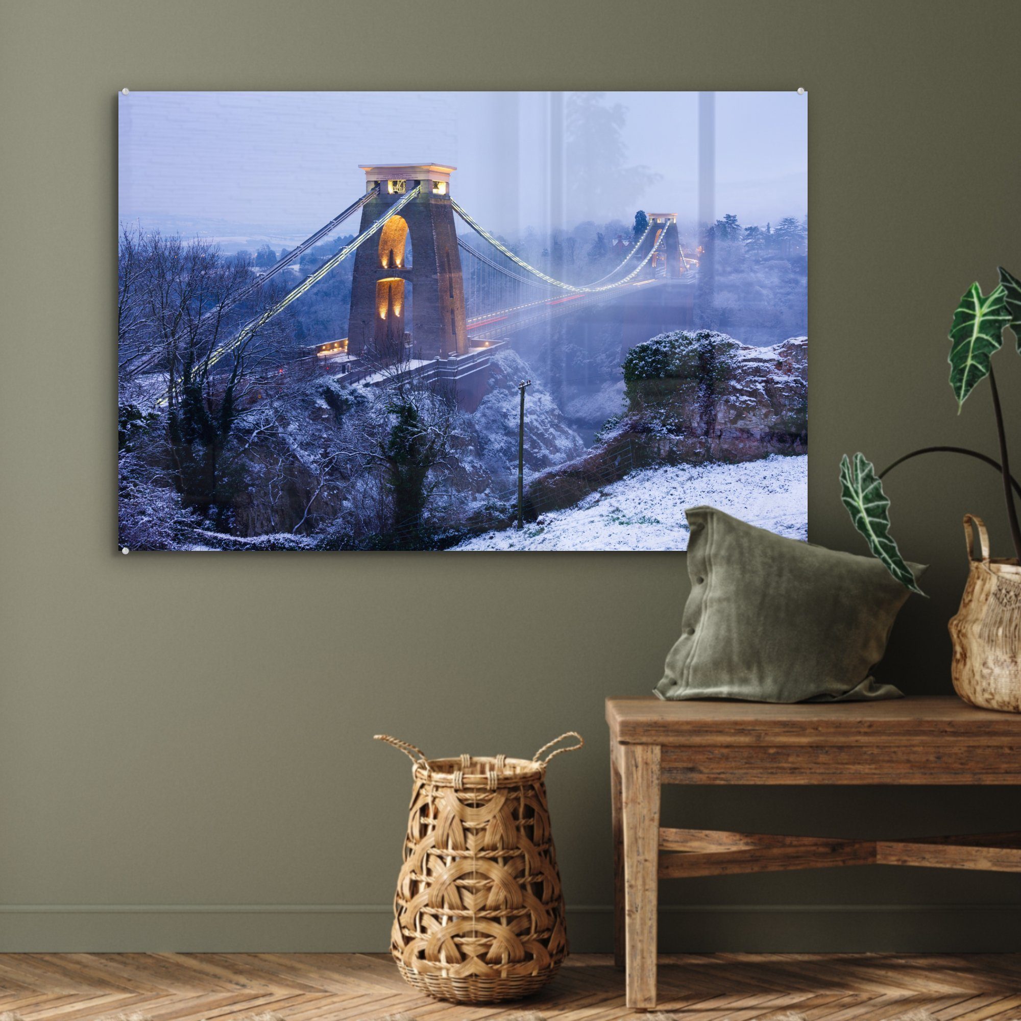 MuchoWow Acrylglasbild Bristol, (1 St), schneebedeckte England, Acrylglasbilder in & Die Schlafzimmer Clifton-Hängebrücke Wohnzimmer