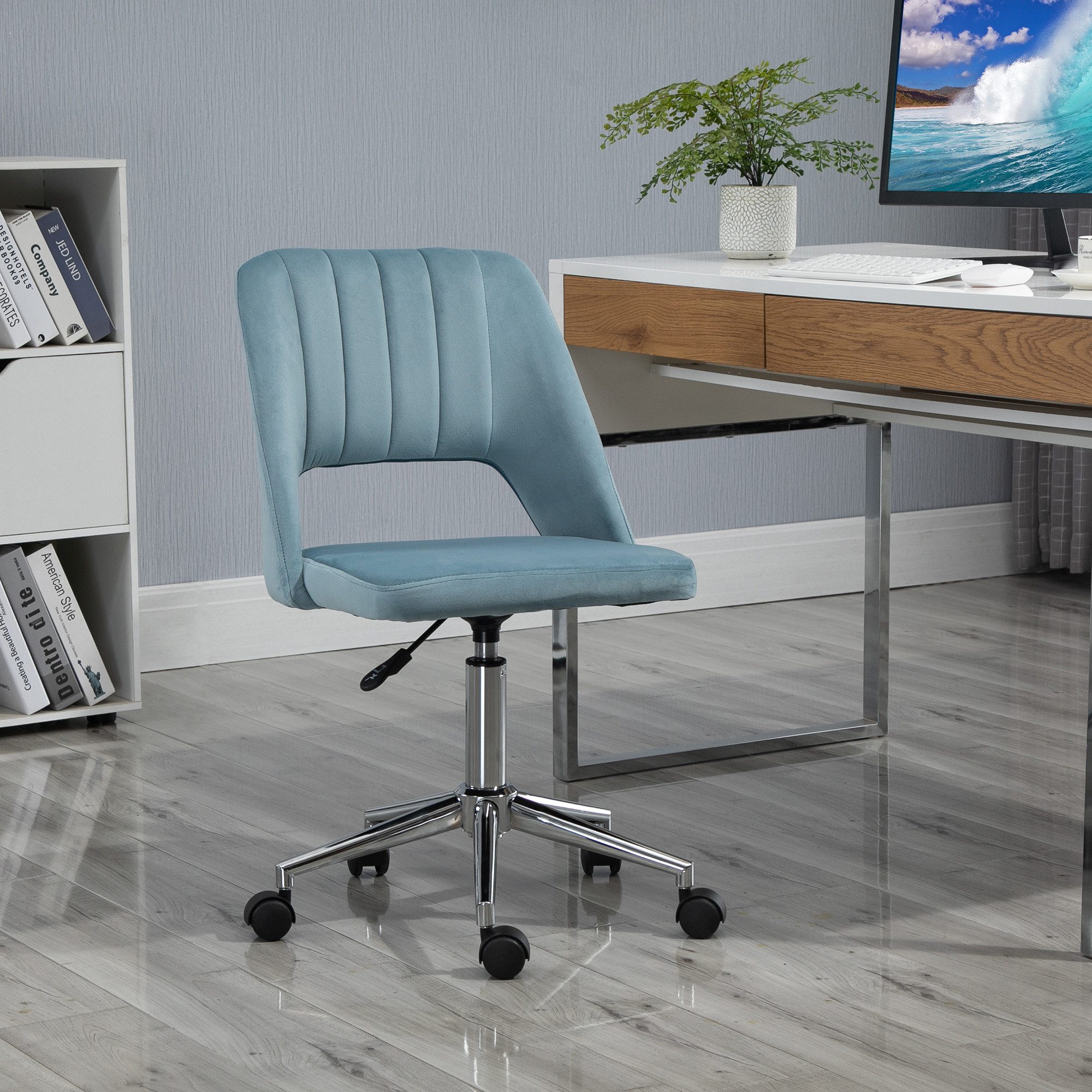 Vinsetto Bürostuhl Homeoffice Stuhl höhenverstellbar Drehstuhl bis 120 kg belastbar (Schreibtischstuhl, 1 St), Samtartiges Polyester Blau 49 x 60 x 79-91 cm