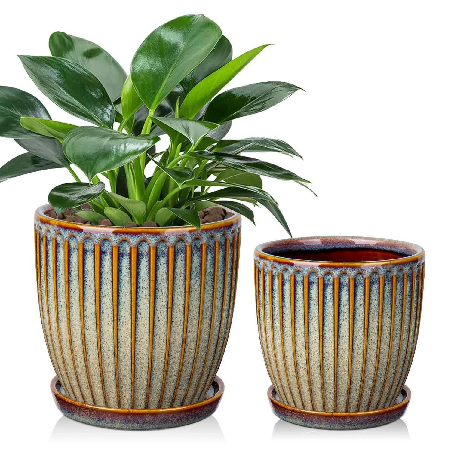 LuxusKollektion Übertopf Übertopf Keramik Drainageloch 15cm 13cm Pflanzen 2er Braun