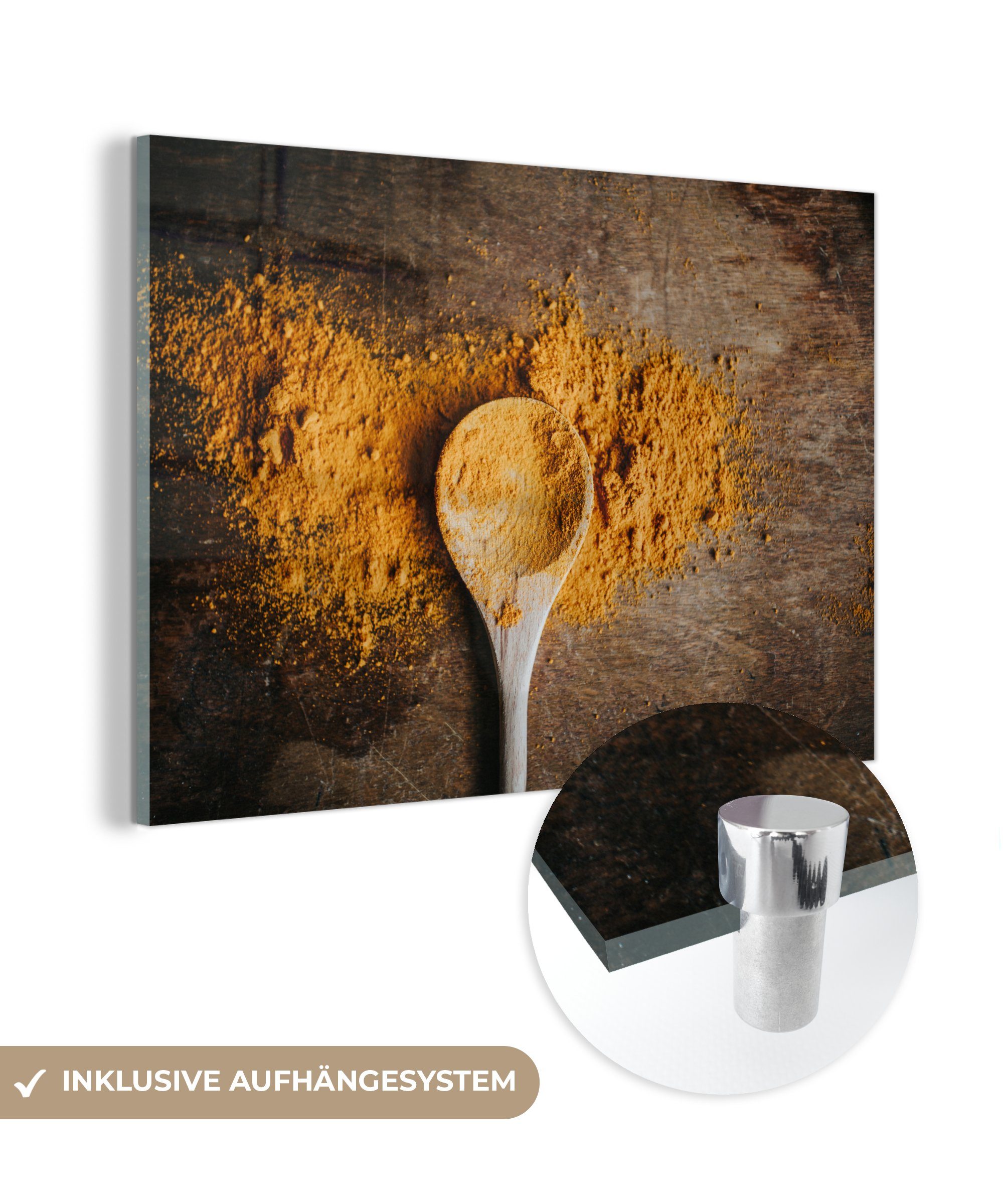 MuchoWow Acrylglasbild Aromatisches Kurkumapulver auf einem rustikalen Holzlöffel, (1 St), Acrylglasbilder Wohnzimmer & Schlafzimmer